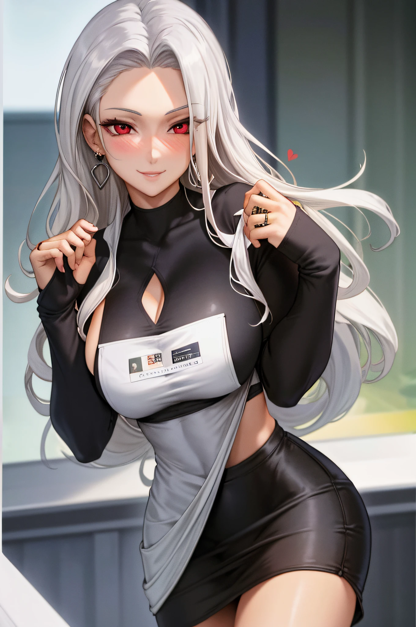 1girl,(long face),(id card),(masterpiece:1.2), (best quality:1.2), heavy breathing, perfect eyes, perfect face, perfect lighting, slim, mature female, large breasts, cleavage,, business suit, very long hair, silver hair, wavy hair, red eyes, earrings, ring, short skirt, cupping own breasts, office, detailed background, heavy white pubic hair, black underwear, blush, heart eyes, happy smile, looking at viewer, hearts around head