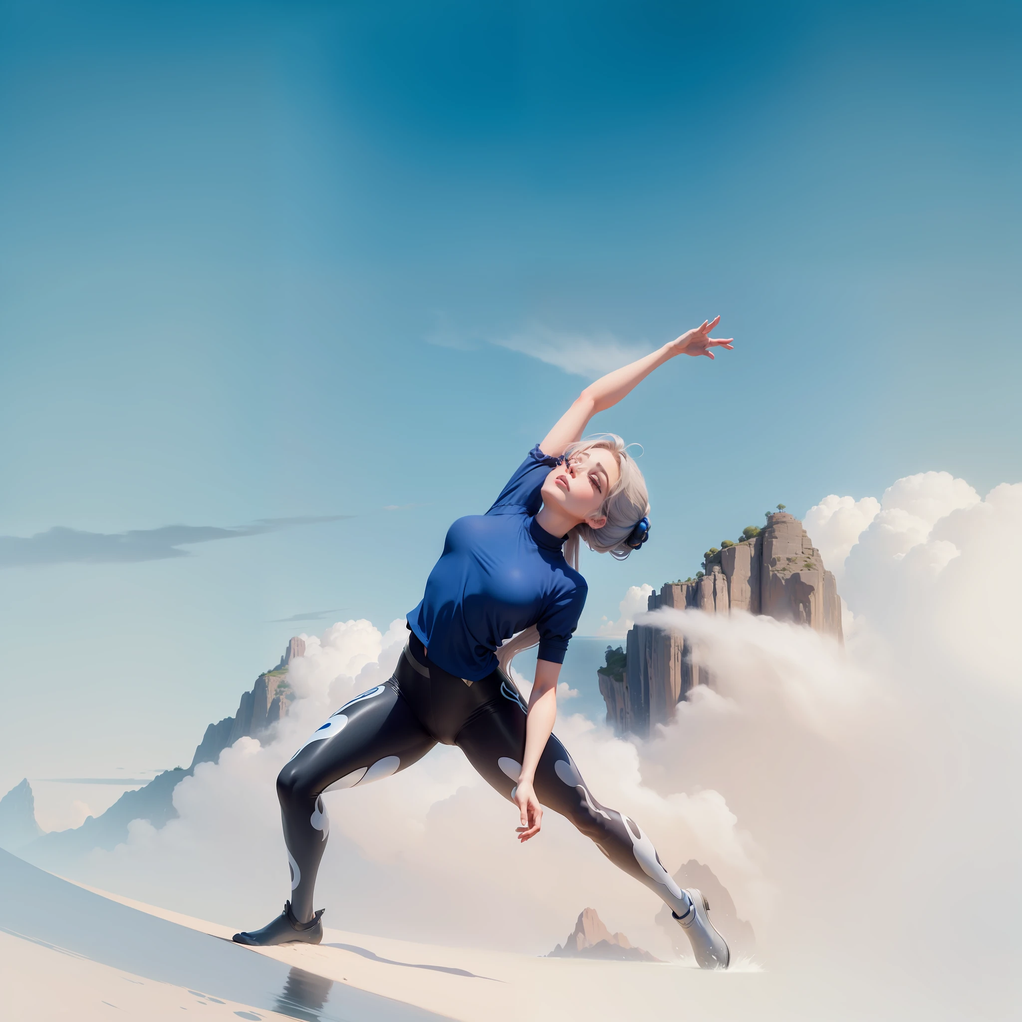 Woman with long hair in the style of Ariana Grande floating beautifully with high quality ultra-detailed CG unity 8K wallpaper, "windswept hair", "beautiful face", "delicate and beautiful landscape", "blue water drops", "clouds", "wide angle", "water color",
