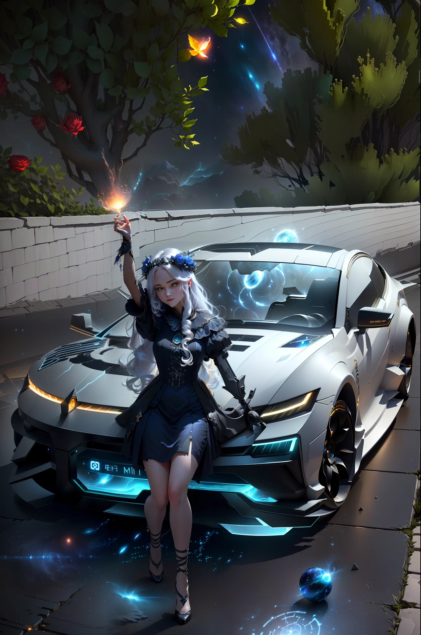 Masterpiece, best quality, (very detailed CG unity 8k wallpaper), (best quality), (best illustration), (best shadows), cosmic theme with natural elements. Circle, surrounded by planetary orbits and turbulence, with fireflies and glowing particle effects, (natural elements), (cosmic theme), (stars), (milky way), (stars), void, (delicate celestial bodies), (luminous), (particle effects). , isometric 3D, Octane rendering, ray tracing, super detailed (extremely detailed CG Unity 8k wallpaper, masterpiece, high quality, super detailed), 1girl (charming girl, lavish decoration, gorgeous, and charming red rose), (dynamic view, dazzling eyes, long silver hair: 1.3, fine collection,) surrounded by arcane runes, (magic and mysterious background, firefly lights, glowing particles, ethereal fog and darkness), high saturation