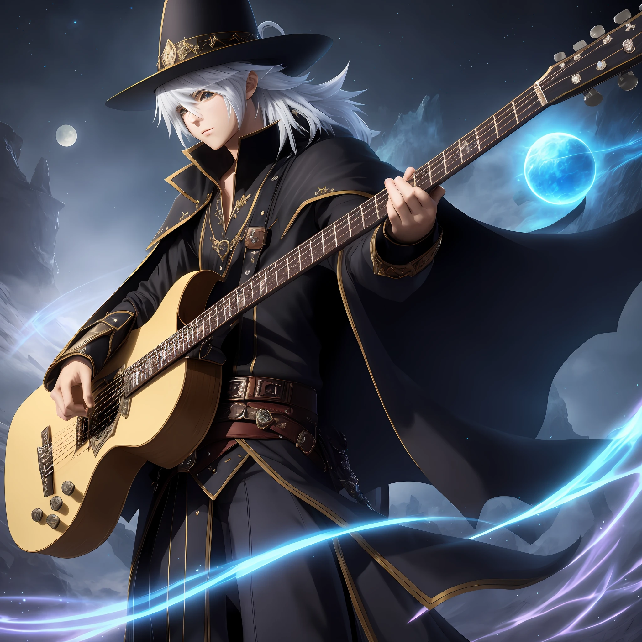 anime character with a hat and cape, holding a guitar, playing a guitar, epic fantasy digital art style, fantasy wizard, 2. 5 D CGI Anime Fantasy Art, 4K Highly Detailed Digital Art, Epic Fantasy Art Style, Epic Fantasy Art Style HD, Fantasy Art Style, 4K Detailed Digital Art, 8K High Quality Detailed Art, Portrait of a Magician Playing Guitar, Fantasy Art Behance