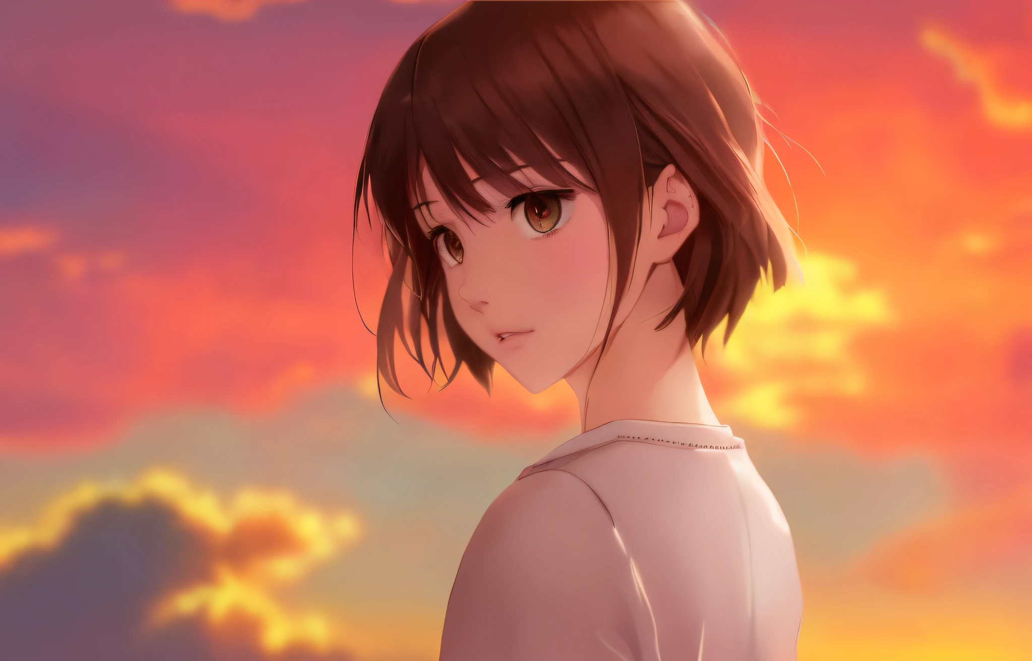 A young and beautiful woman drawn with carefully and very detailed illustrations like Makoto Shinkai's anime. Brown short hair, dressed in white. The background is a sunset sky with layers of clouds, fantastic scenes, and fantastic lighting.