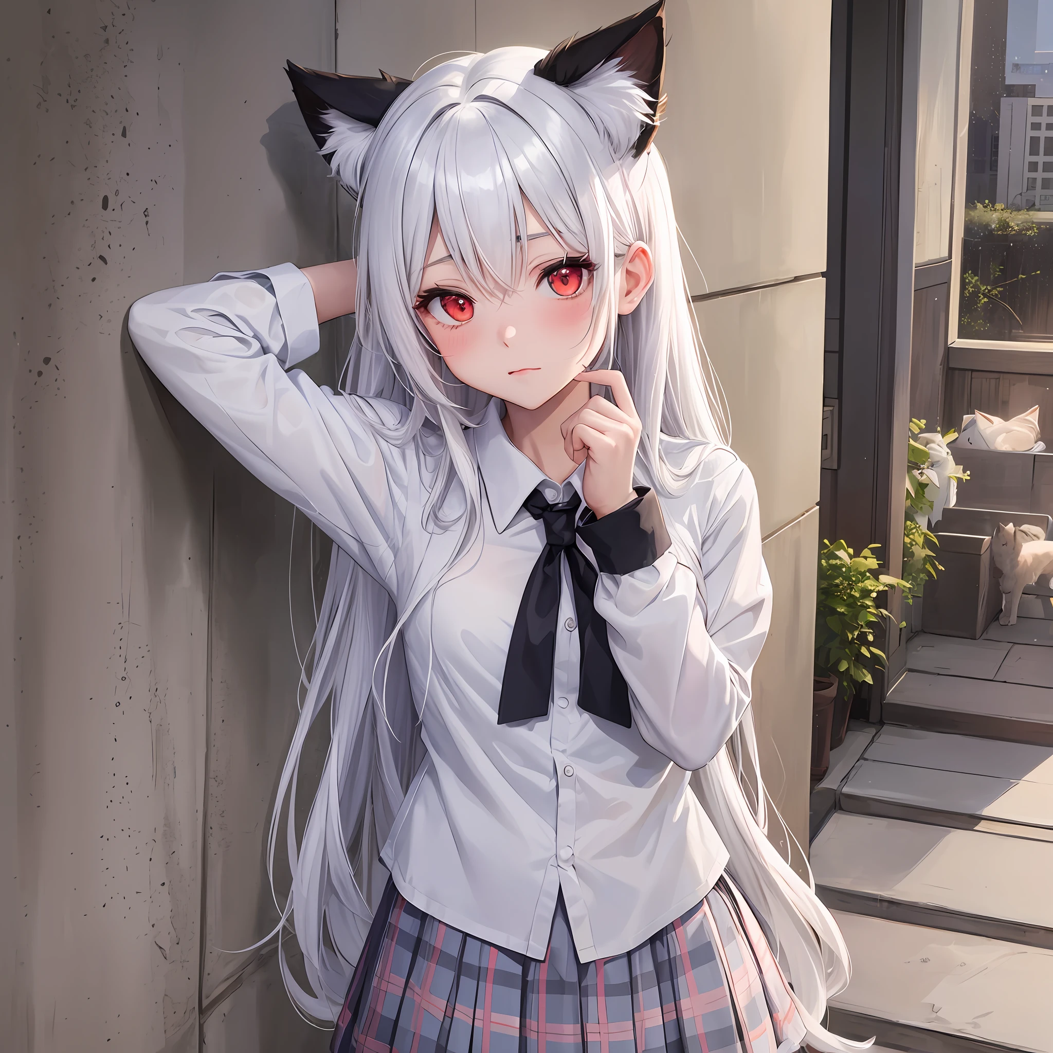 Anime girl with white hair and cat ears, red eyes, shy blush, school uniform --auto --s2