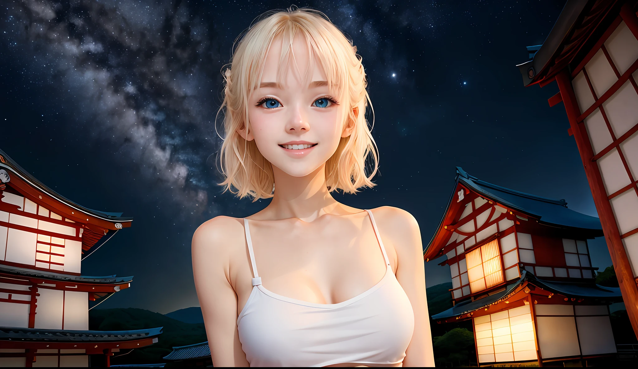 Cute white, cute, innocent, blonde 23 years old, ((thin)), (flat abs)), blush, (huge huge big: 1.4), (side boob), (under), pressed together, white skin, blue eyes, (camisole), ((Japan, shrine, countryside)), Look at the camera, smile, fun, happy, close-up, ((night)),
