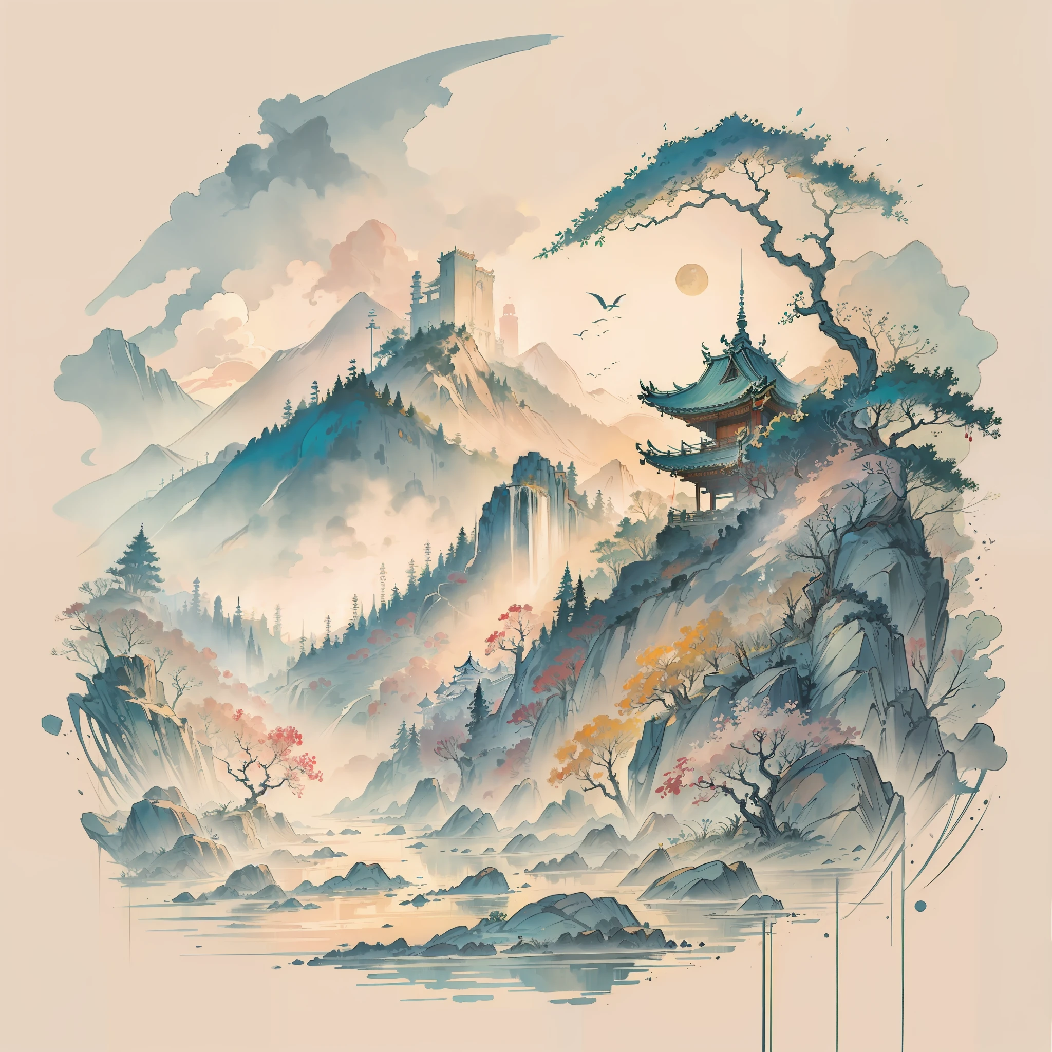 This ancient Chinese architecture stood tall amidst the magnificent scenery. Although no humans were in sight, these ancient buildings seemed to have a life of their own. Clouds drifted lazily across the sky, while a bird flitted by, adding a touch of movement to the serene view. A waterfall cascaded down the mountain, its soothing sound echoing through the valley. In the distance, towering cliffs were adorned with Chinese ancient architecture, pavilions and towers. The building blended seamlessly with the outdoors, surrounded by lush trees and a tranquil river. A bridge spanned over the water, leading to a magnificent ancient Chinese palace. The fog added a mystical hue, making the scene even more enchanting.
