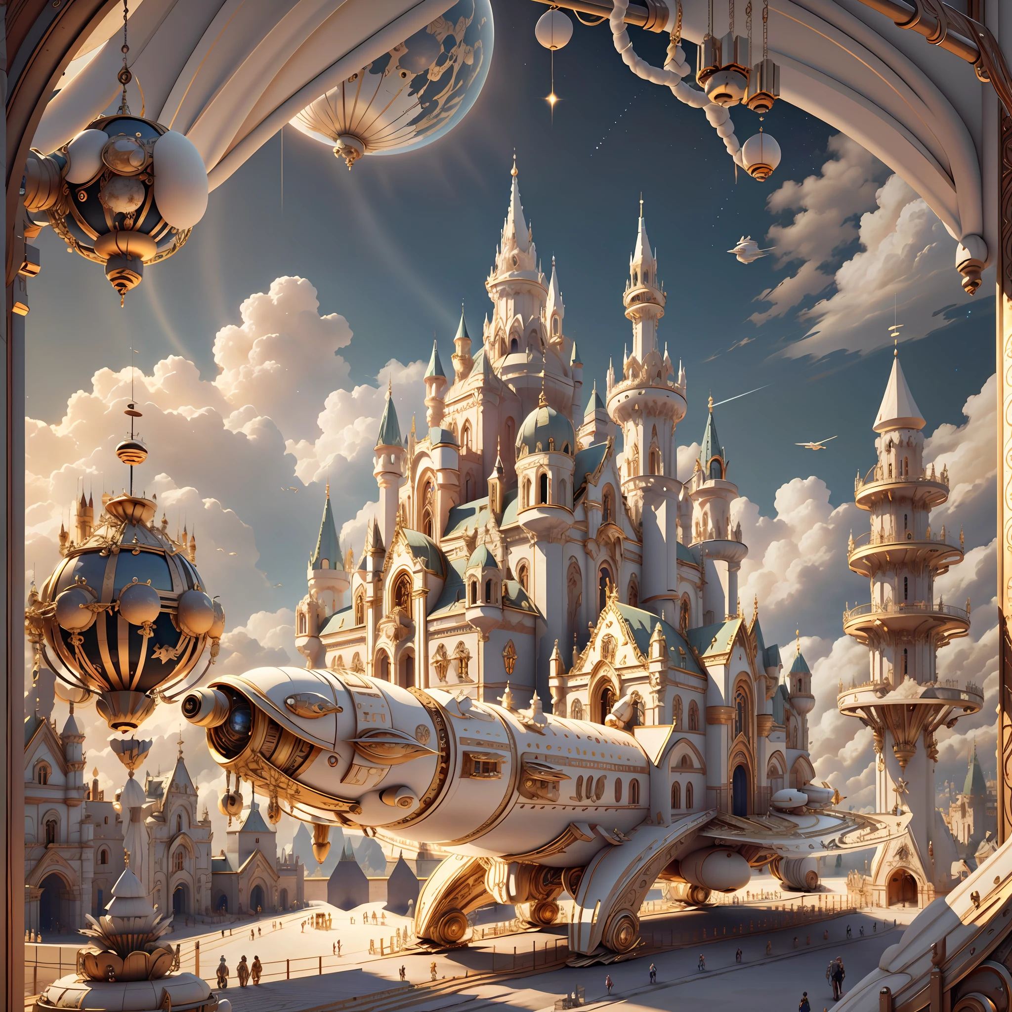 IvoryGoldAI spaceship in space, castle complex in the background, extremely detailed, masterpiece, 8k quality