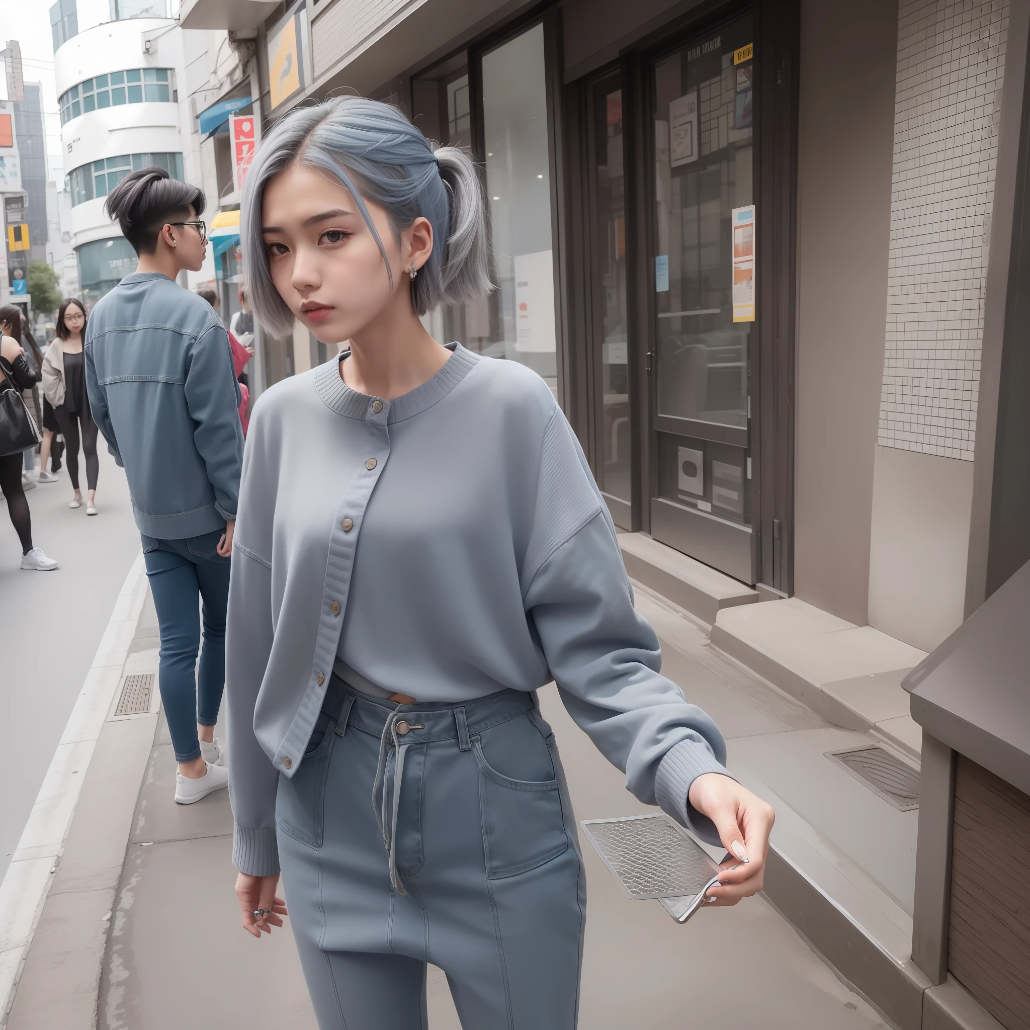 Height 168cm Weight 55kg Hair color: blue-gray, length short TikTok influencers, street corner interviews