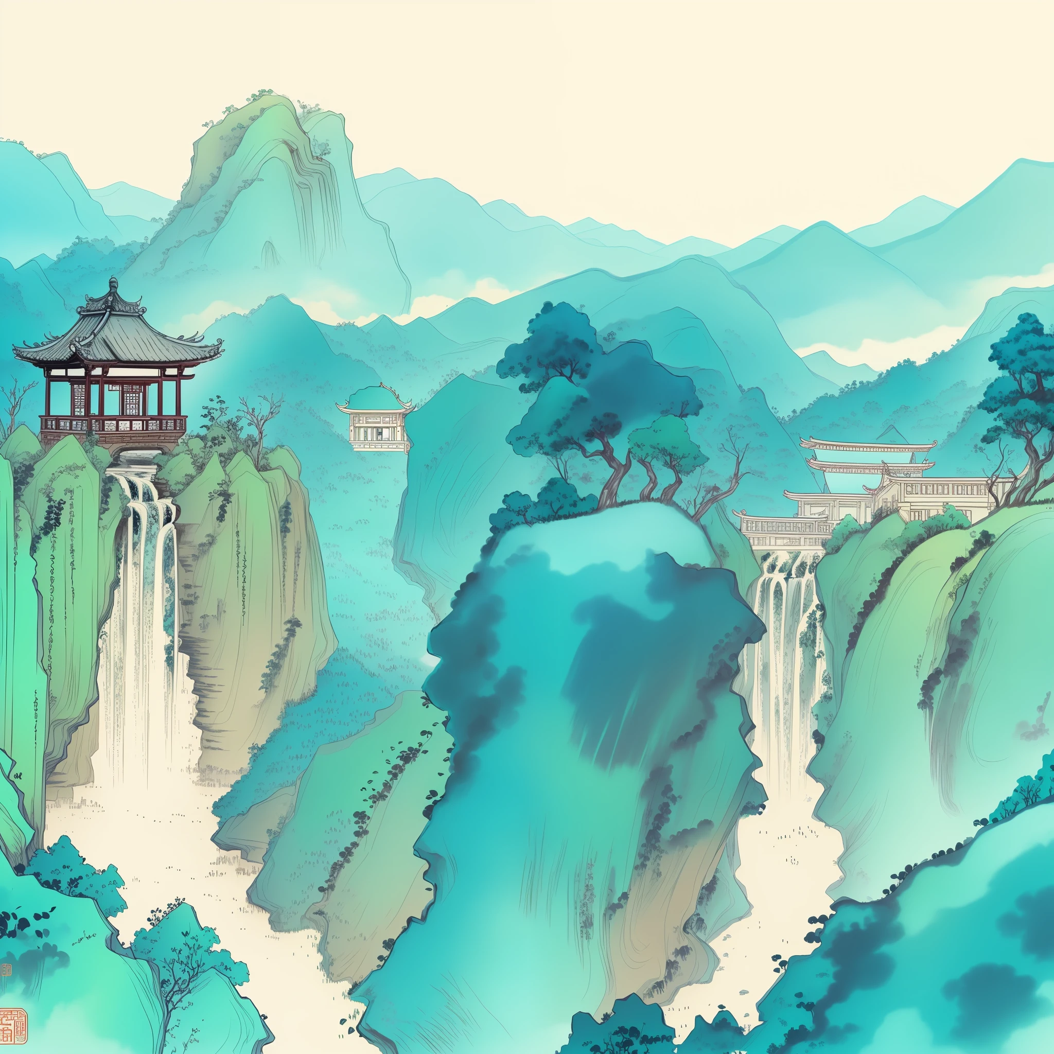 This ancient Chinese architecture stood tall amidst the magnificent scenery. Although no humans were in sight, these ancient buildings seemed to have a life of their own. Clouds drifted lazily across the sky, while a bird flitted by, adding a touch of movement to the serene view. A waterfall cascaded down the mountain, its soothing sound echoing through the valley. In the distance, towering cliffs were adorned with Chinese ancient architecture, pavilions and towers. The building blended seamlessly with the outdoors, surrounded by lush trees and a tranquil river. A bridge spanned over the water, leading to a magnificent ancient Chinese palace. The fog added a mystical hue, making the scene even more enchanting.