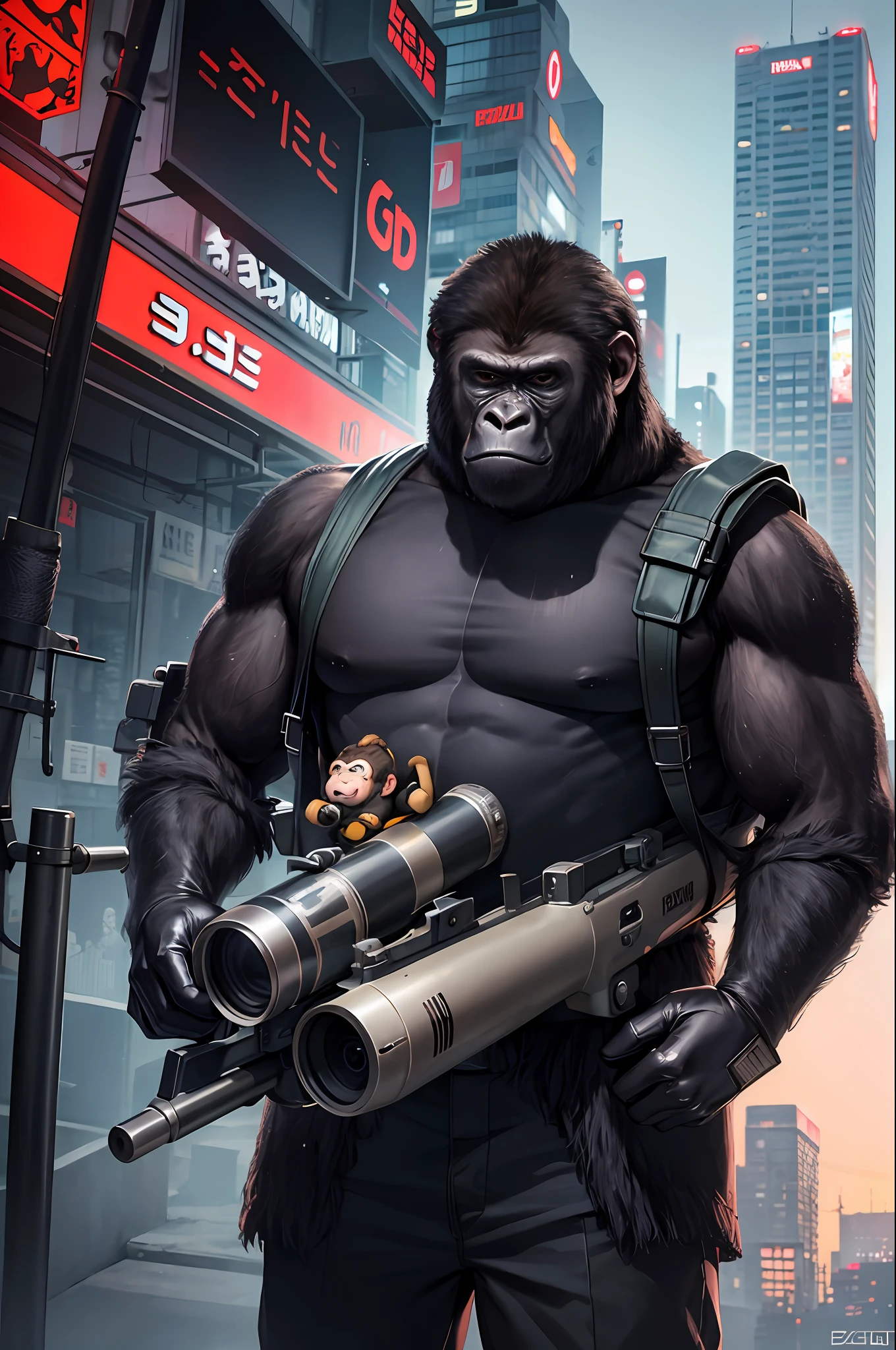 masterpiece, best quality, realistic , cold monkey, gorilla, blur, book, cable, wearing a marine uniform, cyberpunk, gloves, infrared sleeve, (shoulder carrying huge bazooka:1.2), hood, solo,