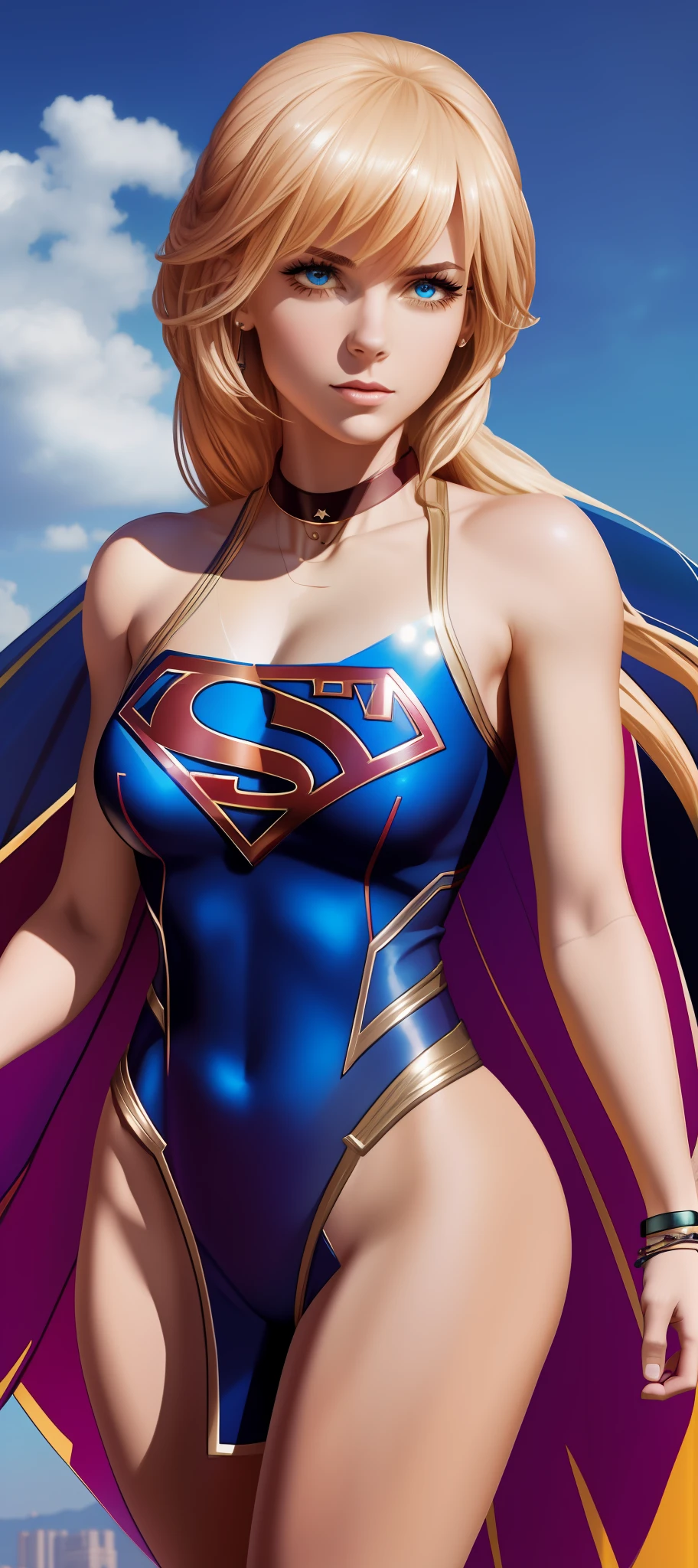 "Supergirl's masterpiece of art complete, high quality, ultra detailed in 4k, 8k, high resolution, hyper-realistic photo, hyper-detailed, realistic skin texture, amazing shadows, extremely detailed texture, perfect lighting, high-level image quality." A female superheroine, inspired by x-man, Fair skin, blond hair, outlined blue eyes, outlined face, bracelet, Full body, Nice super hero clothes, in the florest, outside a mansion, symbol S of superman. --auto --s2