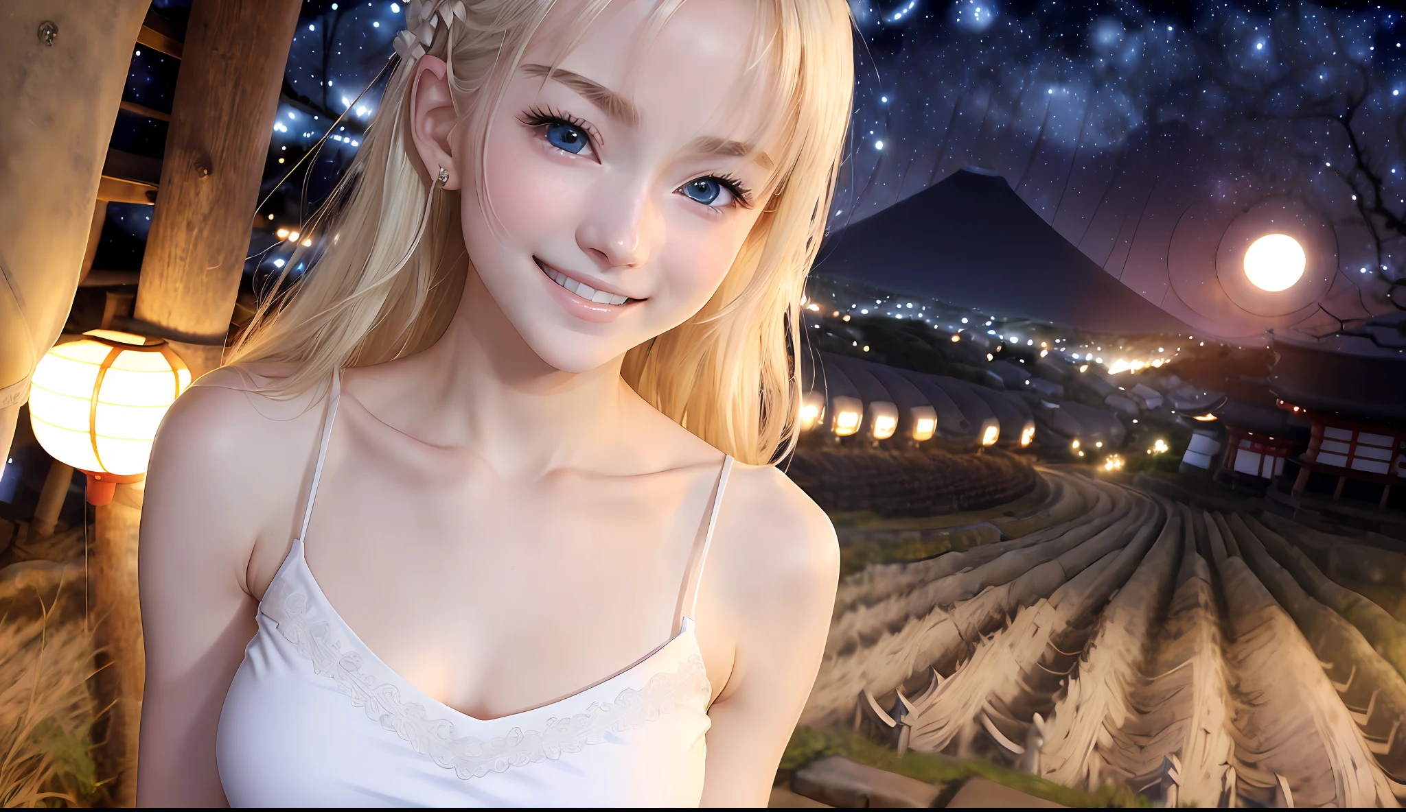 Cute white, cute, innocent, blonde 23 years old, ((thin)), (flat abs)), blush, (huge huge big: 1.4), (side boob), (under), pressed together, white skin, blue eyes, (((camisole)), ((((Japan, countryside))), Look at the camera, smile, fun, happy, close-up, ((((night))),