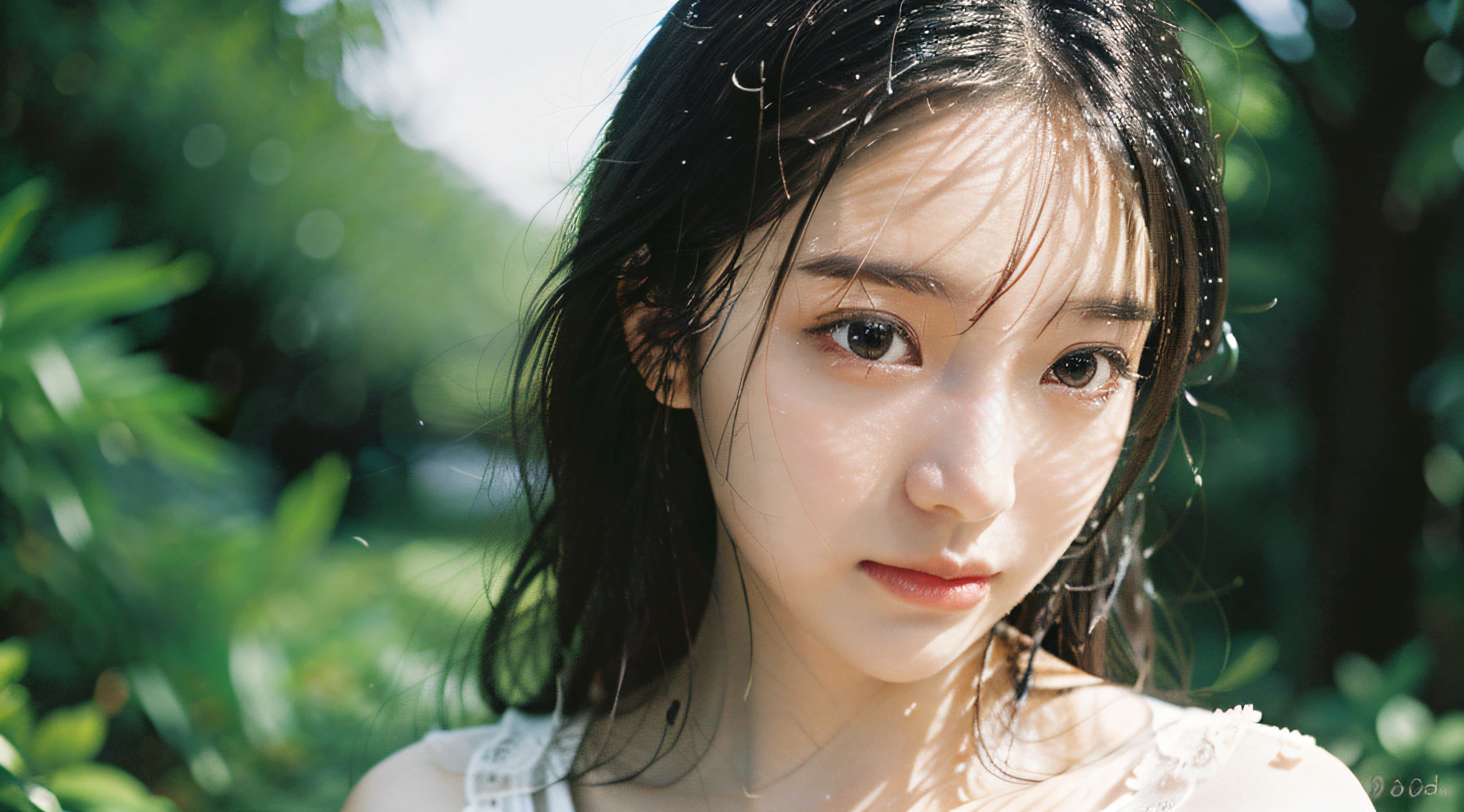 Best quality, masterpiece, super high resolution, (realistic: 1.4), original photo, wallpaper, bust photo, skin, simple background, black eyes, detail, 1 girl, 18 years old, breeze, water mist, garden