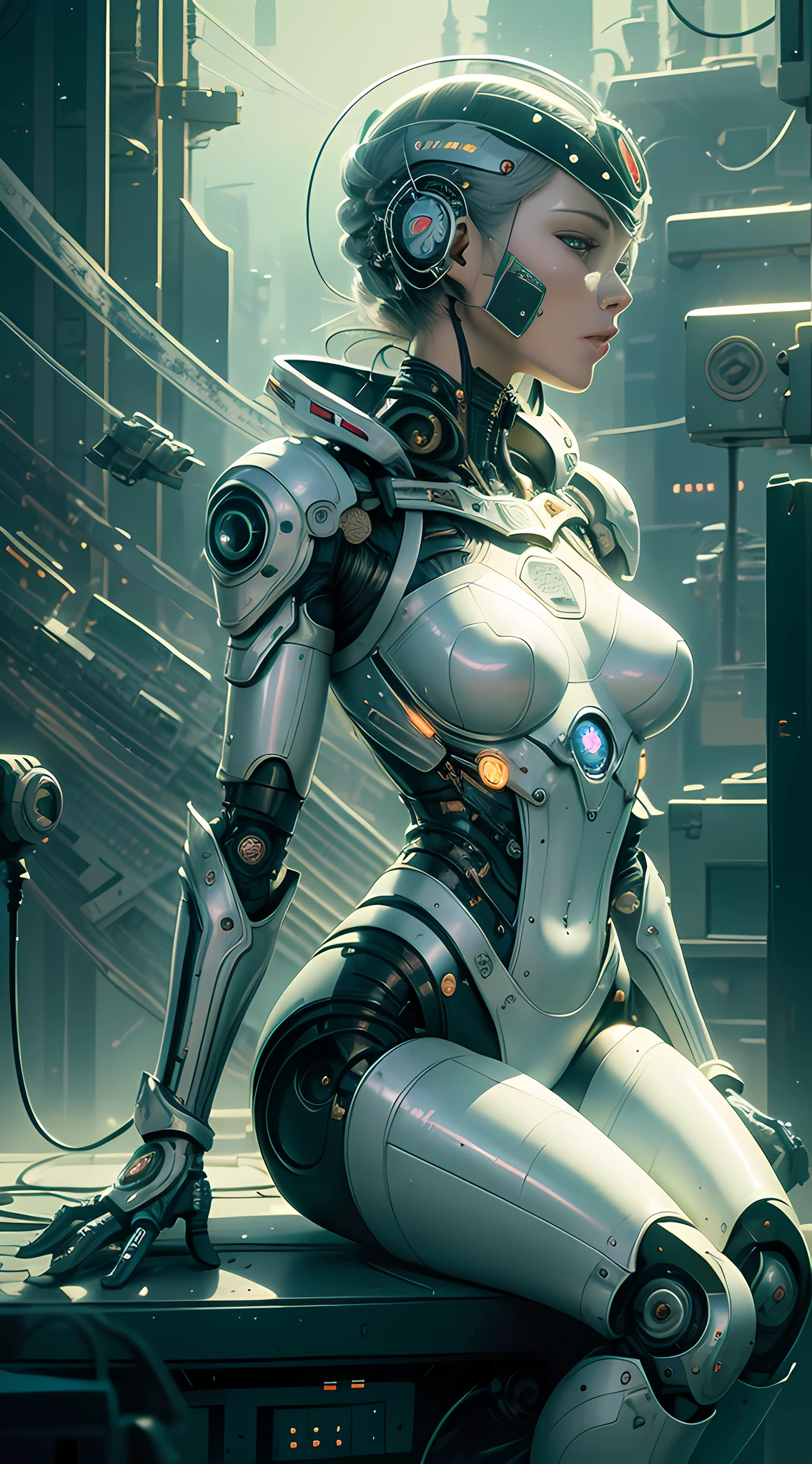 Intricate 3d rendering of highly detailed beautiful ceramic silhouette female robot face, robot, robot part, 150 mm, beautiful studio soft light, rim light, vibrant details, luxurious cyberpunk, lace, surreal, anatomy, facial muscles, cables wires, microchip, elegant, beautiful background, octane rendering, HR Giger style, 8k, best quality, masterpiece, illustration, very delicate and beautiful, very detailed, CG, unity, wallpaper , (fidelity, fidelity: 1.37), amazing, fine detail, masterpiece, best quality, official art, extremely detailed cg unity 8k wallpaper, absurd, unbelievably absurd, robot, silver helmet, full body, sitting write