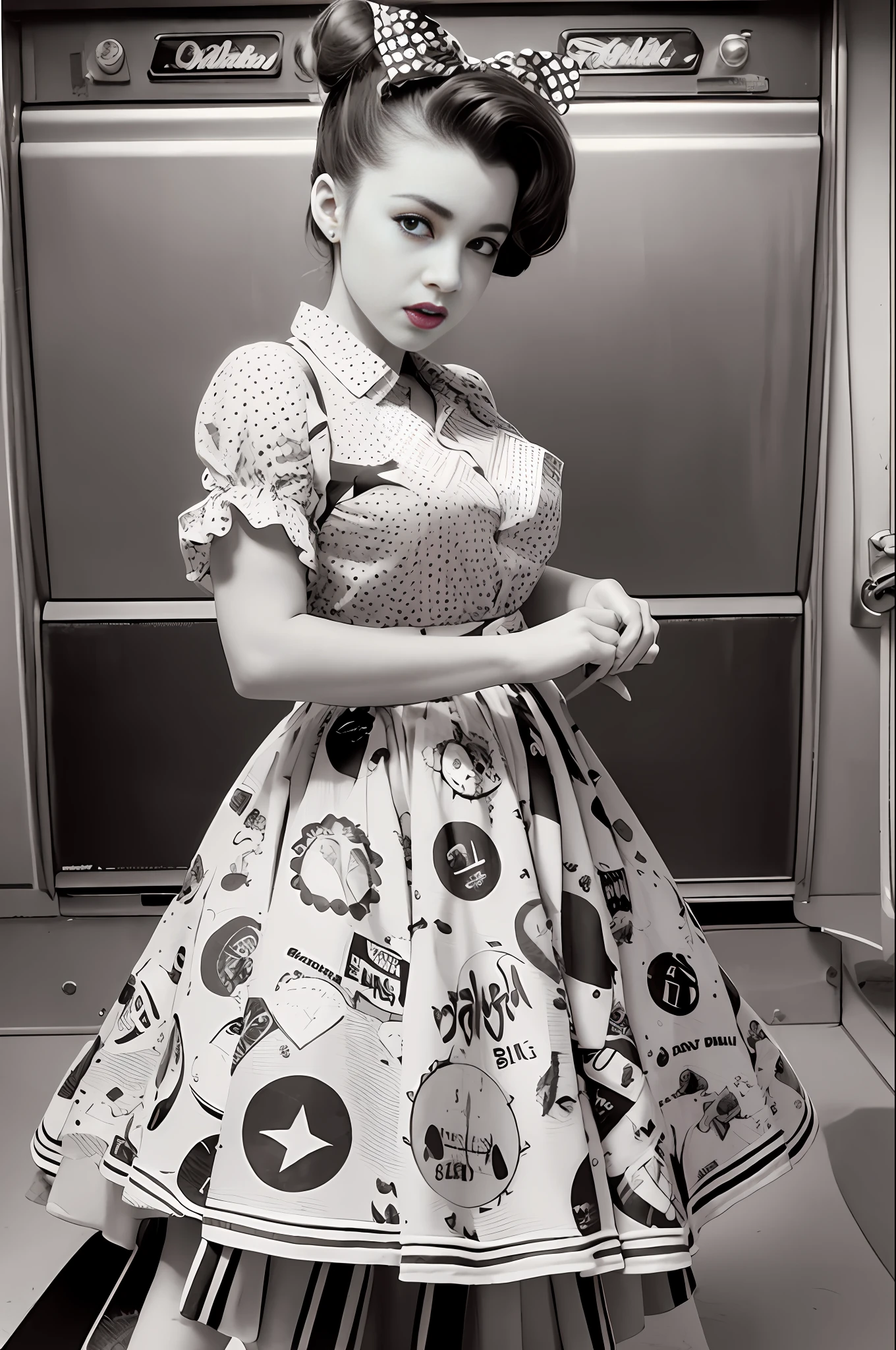Rockabilly fashion, 50's American fashion, (masterpiece, top quality, highest quality, watercolor (medium), official art, beautiful and aesthetic: 1.2), (1 girl: 1.3), (rockabilly: 1.3), (1970s Japan: 1.2), rockabilly, white short sleeve blouse, (polka dot circular skirt: 1.3), ponytail with large ribbons, bobby soxer, Saddle Shoes, Rock 'n' Roll, Long Skirt, Dance, (Jukebox: 1.3), Twist, American Rock, Instant Camera