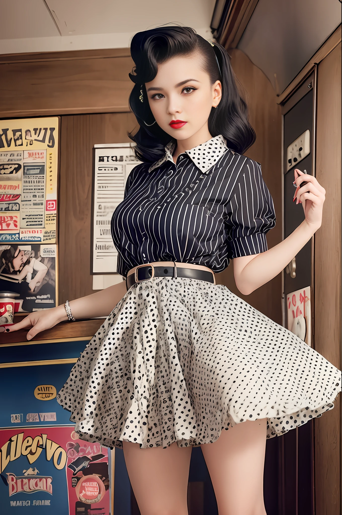 Rockabilly fashion, 50's American fashion, (masterpiece, top quality, highest quality, watercolor (medium), official art, beautiful and aesthetic: 1.2), (1 girl: 1.3), (rockabilly: 1.3), (1970s Japan: 1.2), rockabilly, white short sleeve blouse, (polka dot circular skirt: 1.3), ponytail with large ribbons, bobby soxer, Saddle Shoes, Rock 'n' Roll, Long Skirt, Dance, (Jukebox: 1.3), Twist, American Rock, Instant Camera