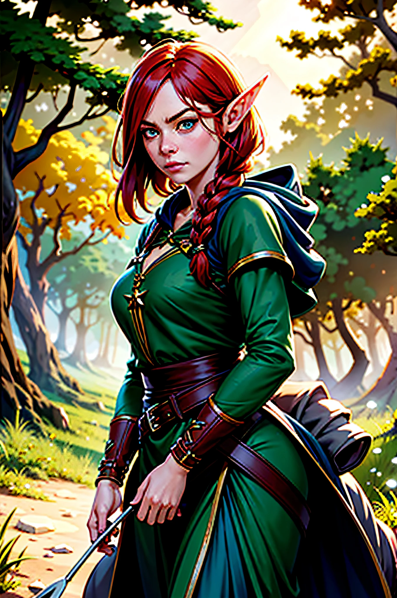 High detail RAW colored art, animation, red hair with braids, hazelnut eyes, white skin, ((Emma Stone as an elf in the redwood forest)), portrait, elf ears, ((cartoon style)), ((lord of the rings) ), (shy), mystical, elegant, gorgeous face, green silk dress with hood, elven forest, (detailed skin, skin texture), elf, magical atmosphere, (muscle), (detailed skin, skin texture), intricate details, fine details, hyperdetailed, ray tracing, subsurface scattering, diffuse soft lighting, shallow depth of field, by (Oliver Wetter) Atey Ghailan, by Jeremy Mann, Greg Manchess, Antonio Moro, trend at ArtStation, trend at CGSociety, Intricate, High Detail, Sharp focus, dramatic and photorealistic painting art by midjourney and greg rutkowski, bokeh in the background, bow and arrow, wolves, best quality, masterpiece, close-up portrait, 1girl, elven armor, dark hood over head, outdoors, nature, desert, look at the viewer, modelshoot style, award-winning digital art of an elven woman ranger, fully clothed, in a fantasy village, d&d, masterpiece, best quality, high contrast, soft lighting, backlighting, bloom, light glows, chromatic aberration, smooth, sharp focus, chubby, plump, curvilinea