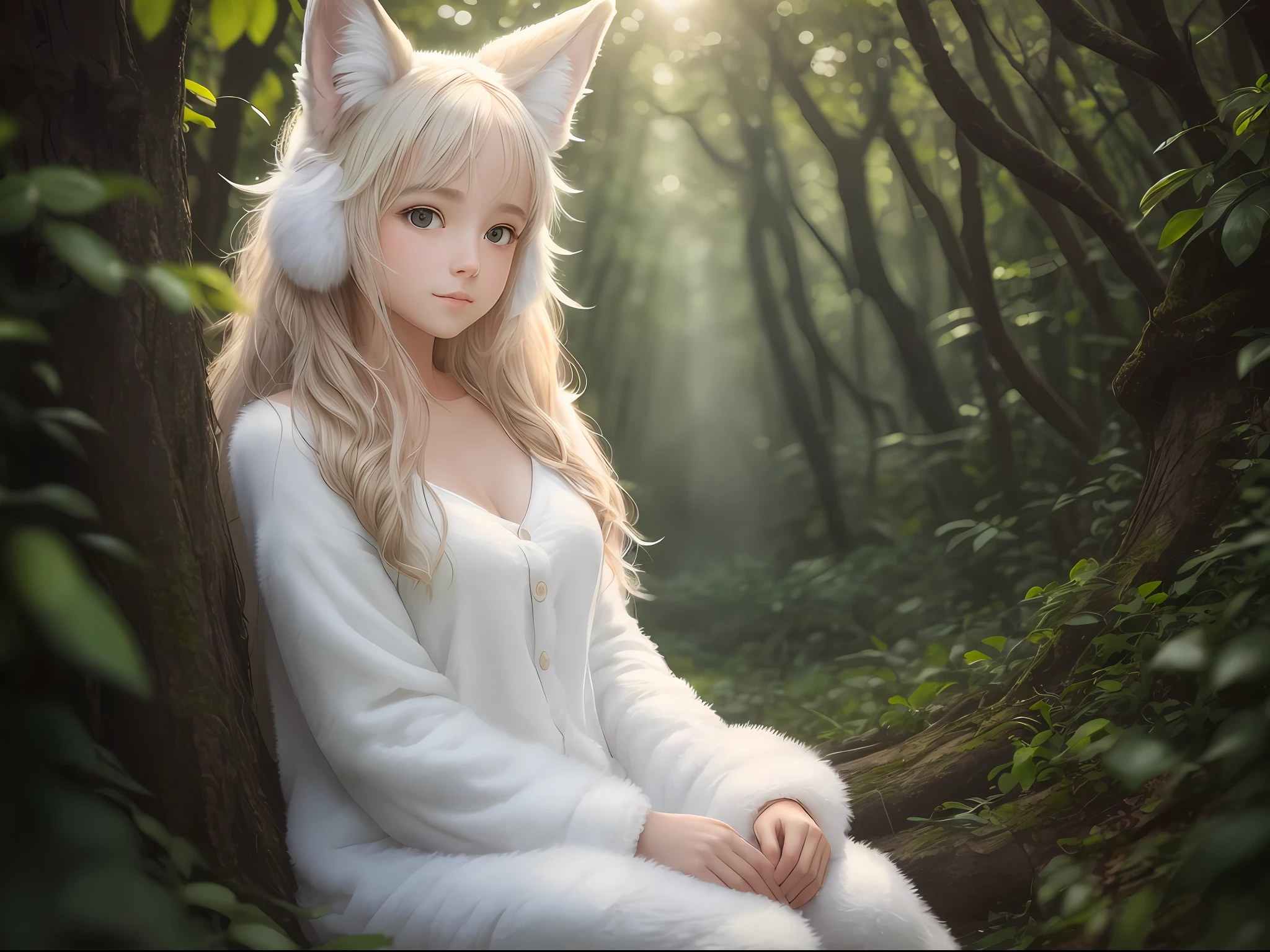 A professional high-quality photo, in 4K resolution, captures in realistic detail a charming girl in a fluffy white pajama with ears and foxtail. She is sitting in the middle of an enchanted forest, where every element is portrayed to perfection. The textures of the pajamas, ears and tail are sharp and palpable. Sunlight falls on the leaves and gently illuminates the girl's face, highlighting each delicate and charming expression --auto --s2