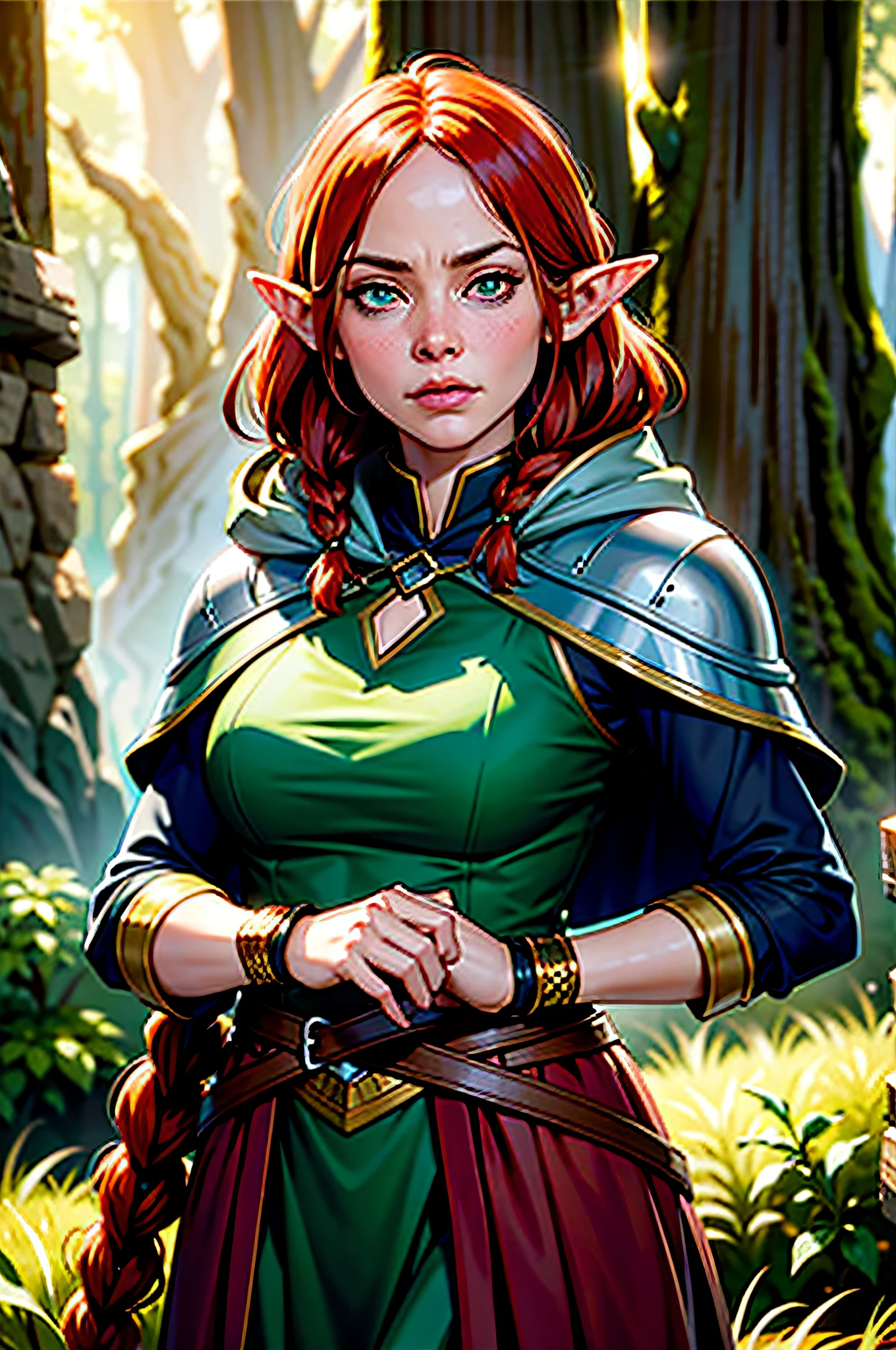 High detail RAW colored art, animation, red hair with braids, hazelnut eyes, white skin, ((Emma Stone as an elf in the redwood forest)), portrait, elf ears, ((cartoon style)), ((lord of the rings) ), (shy), mystical, elegant, gorgeous face, green silk dress with hood, elven forest, (detailed skin, skin texture), elf, magical atmosphere, (muscle), (detailed skin,  skin texture), intricate details, fine details, hyperdetailed, ray tracing, subsurface scattering, diffuse soft lighting, shallow depth of field, by (Oliver Wetter) Atey Ghailan, by Jeremy Mann, Greg Manchess, Antonio Moro, trend at ArtStation, trend at CGSociety, Intricate, High Detail, Sharp focus, dramatic and photorealistic painting art by midjourney and greg rutkowski, bokeh in the background,  bow and arrow, wolves, best quality, masterpiece, close-up portrait, 1girl, elven armor, dark hood over head, outdoors, nature, desert, look at the viewer, modelshoot style, award-winning digital art of an elven woman ranger, fully clothed, in a fantasy village, d&amp;d, masterpiece, best quality, high contrast, soft lighting, backlighting, bloom,  light glows, chromatic aberration, smooth, sharp focus, chubby, plump, curvilinea
