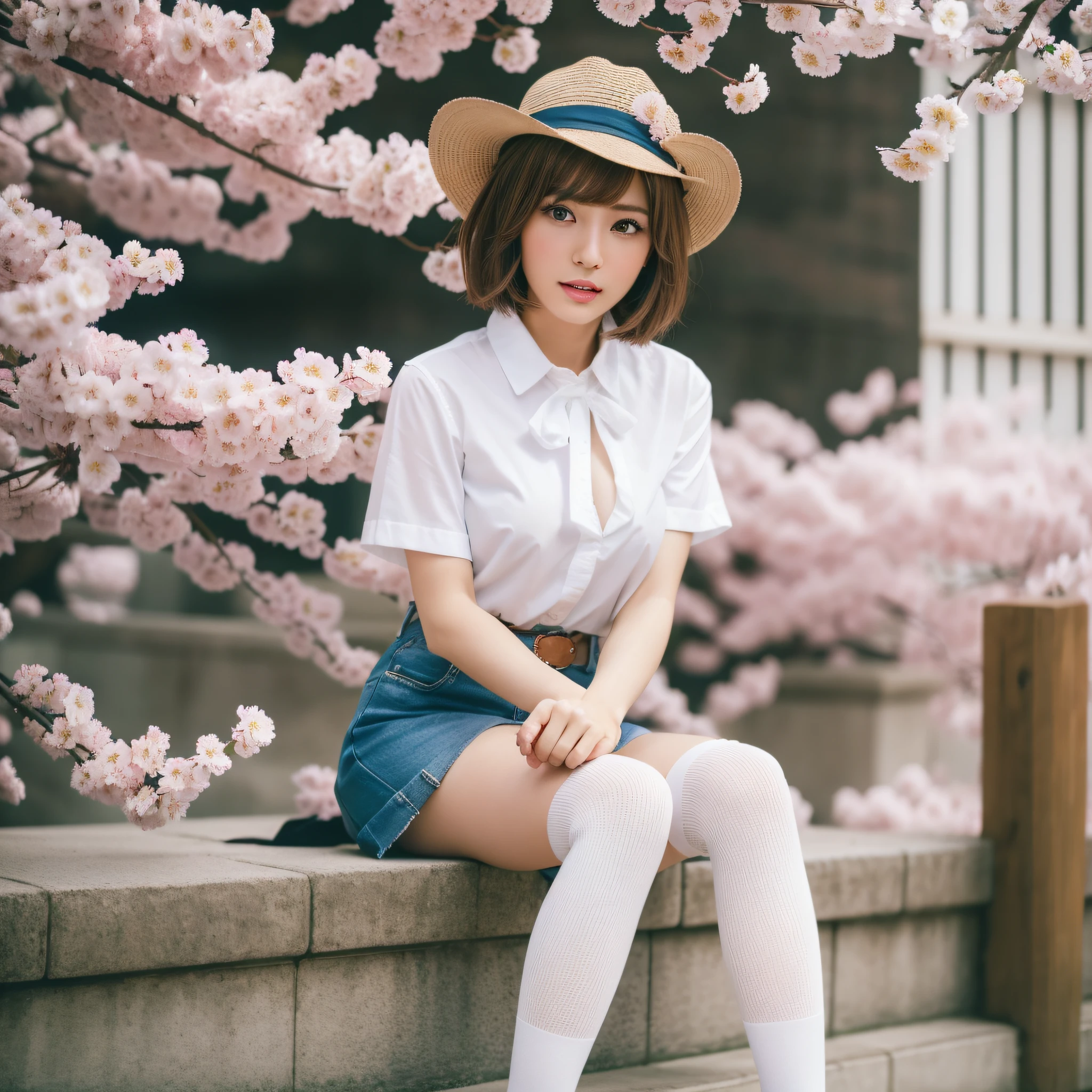 {{masterpiece}}, {{{best quality}}}, artbook, fine_art_parody, incredibly_absurdres, realistic, photo, gyaru, short hair, brown hair, bangs, musical note hair ornament, beautiful detailed eyes, aqua eyes, looking at viewer, aqua eyes, pink eyeshadow, medium breasts, hat, shirt, white kneehighs, leg belt, loafers, 用索尼Alpha 7R IV拍摄,lovely,Cherry blossoms,blue sky with clouds,floating sakura,