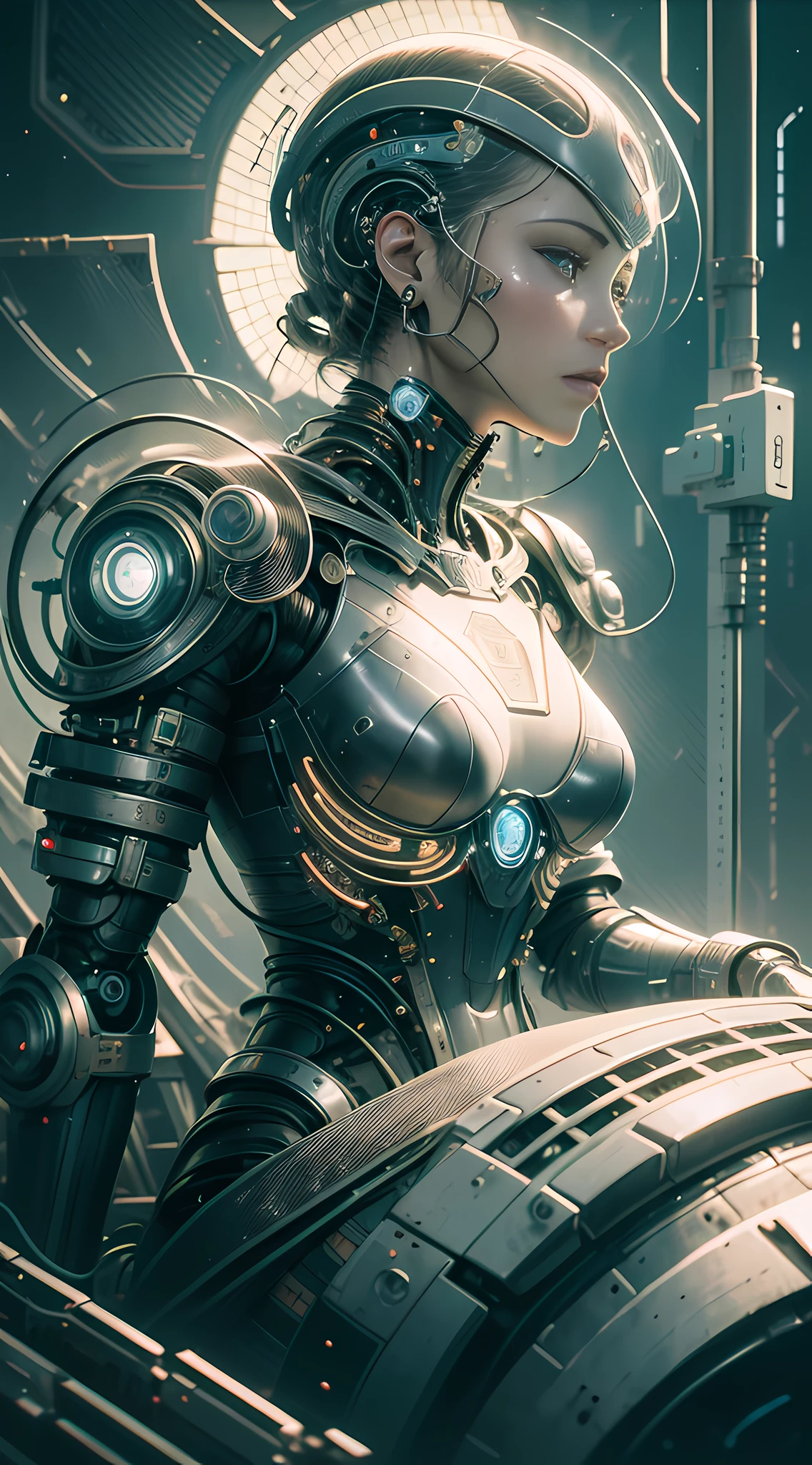 Intricate 3d rendering of highly detailed beautiful ceramic silhouette female robot face, robot, robot part, 150 mm, beautiful studio soft light, rim light, vibrant details, luxurious cyberpunk, lace, surreal, anatomy, facial muscles, cables wires, microchip, elegant, beautiful background, octane rendering, HR Giger style, 8k, best quality, masterpiece, illustration, very delicate and beautiful, very detailed, CG, unity, wallpaper , (fidelity, fidelity: 1.37), amazing, fine detail, masterpiece, best quality, official art, extremely detailed cg unity 8k wallpaper, absurd, unbelievably absurd, robot, silver helmet, full body, sitting write