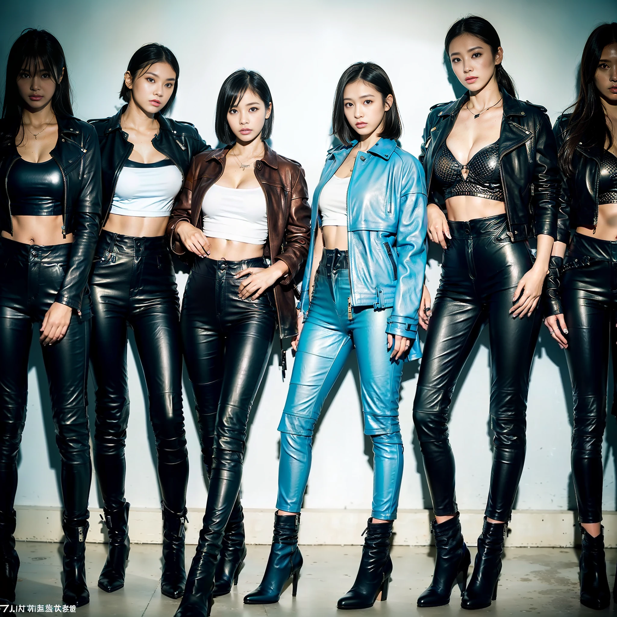 ((((7+girls)))), ((All Light Blue Leather Fashion))))), (Masterpiece)))))), (Realistic ))), (16K)))))), (Detailed description)))))), (High contrast)))))), (Japan people), ((())), 20 years old, ( Straight face))))), ((Boyish)), (Sexy)), (Cool)))), (Super tall)))), (Super big breasts))))), (Camera gaze), (Full body)))), (Short cut)), (( Rider's jacket))))), ((((Leather pants)))), ((Leather boots))))), (Standing)))), ((Professional Lighting)))), (Natural Light), (Tokyo)