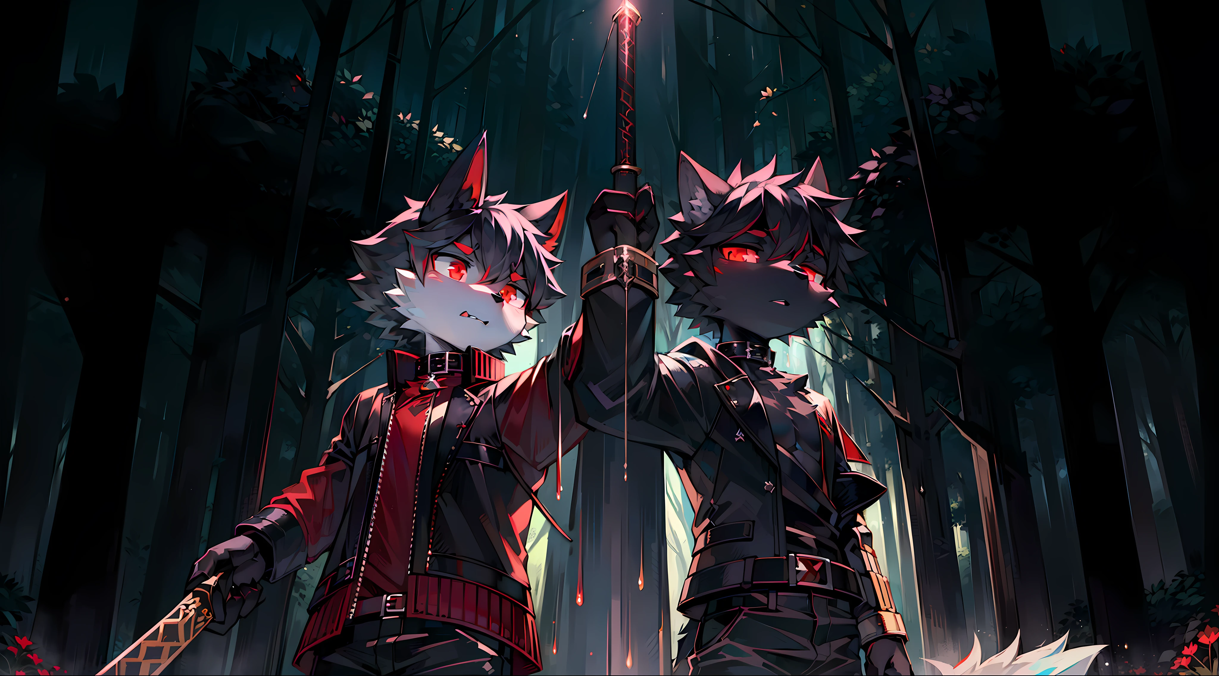 Wolf, (black body:1.4), soft, (((master piece))), pants, 1boy, red eyes, jacket, have a sword, legend sword, glowing eyes, forest, collar, slime, fight a monster,