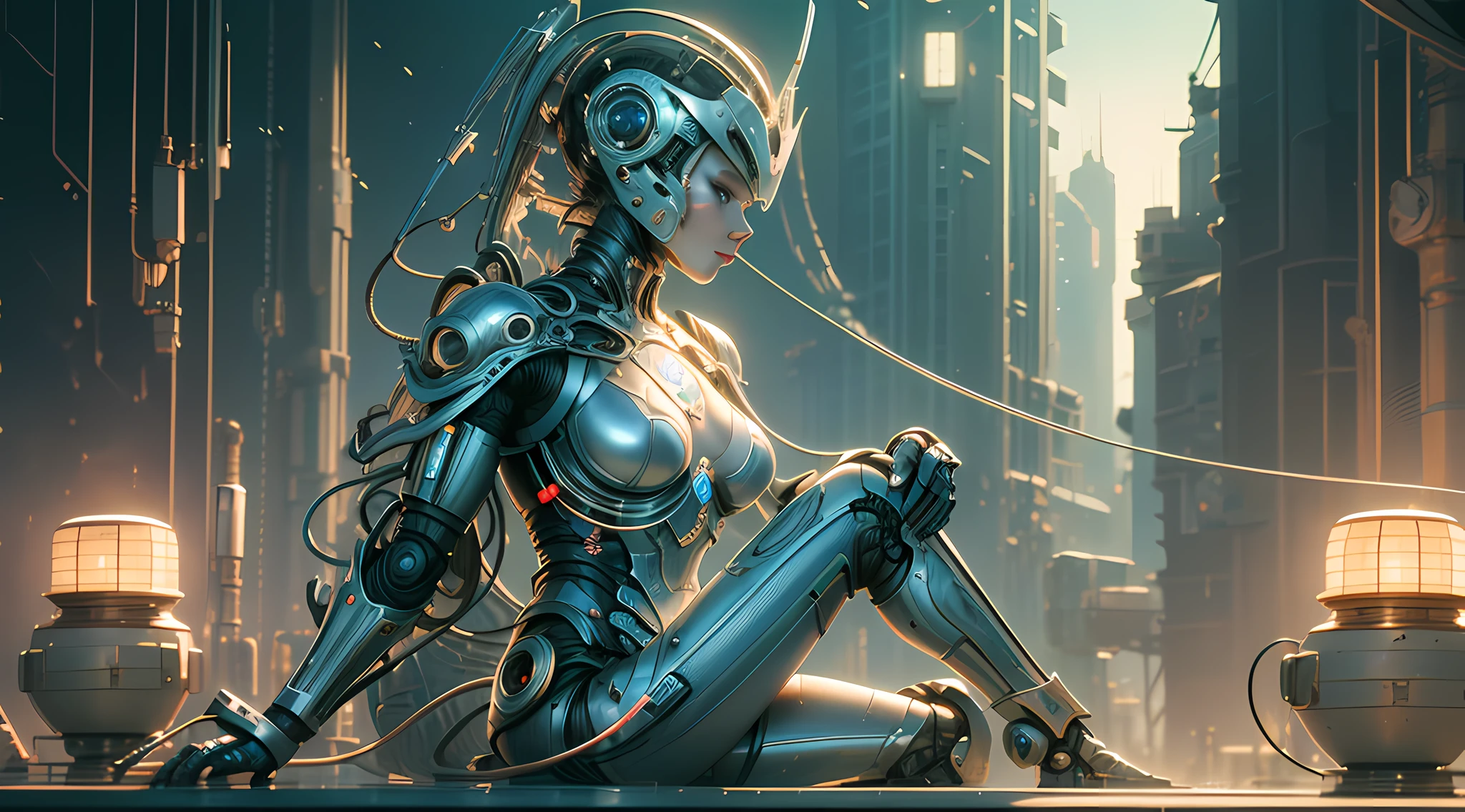 Intricate 3d rendering of highly detailed beautiful ceramic silhouette female robot face, robot, robot part, 150 mm, beautiful studio soft light, rim light, vibrant details, luxurious cyberpunk, lace, surreal, anatomy, facial muscles, cables wires, microchip, elegant, beautiful background, octane rendering, HR Giger style, 8k, best quality, masterpiece, illustration, very delicate and beautiful, very detailed, CG, unity, wallpaper , (fidelity, fidelity: 1.37), amazing, fine detail, masterpiece, best quality, official art, extremely detailed cg unity 8k wallpaper, absurd, unbelievably absurd, robot, silver helmet, full body, sitting write