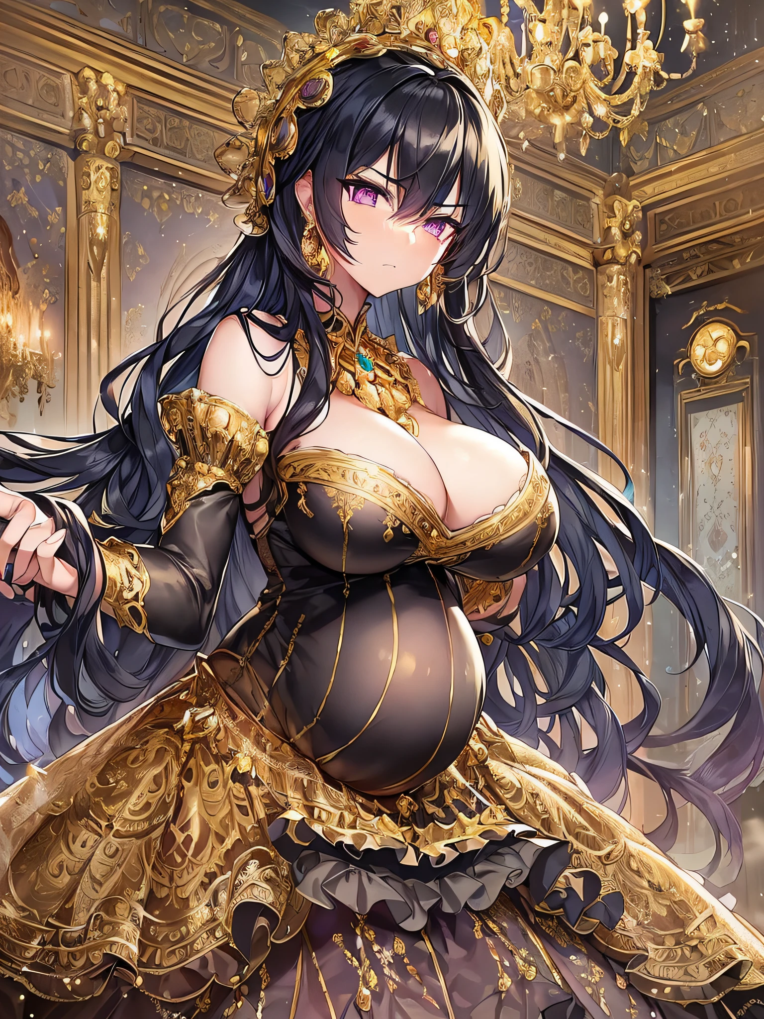 ((anime moe artstyle)),((Masterpiece)), (Best Quality), (Super Detail), Illustration, (((Very Delicate and Beautiful))),Dynamic Angle,Looking at viewer,((((Solo)))),(((Full body))),(((1 arrogant pregnant empress attending a ball wearing gorgeous black ballgown))),((((heavily pregnant)))),(standing),(((arrogant))),(((angry))),(blash),(Purple eyes),Sharp eyes,Detailed Face, Long Eyelashes,(Jet Black Hair),((Straight Hair,Very Long Hair)),((Bangs between eyes)),((((gigantic breasts,Huge breasts,Bulging breasts,Long breasts)))),cleavage,((skindentation)),curvy,See-through,(((luxurious lace and ruffled black and gold rococo ballgown adorned with abundant jewels and gorgeous embroidery))),(((voluminous black and gold rococo dress with a flared hemline))),(fluffy rococo ball gown with gorgeous embroidery and lace),((gold trim)),(((hoop skirt))),long skirt,corset,crinoline,opera gloves,Beautifully Gorgeous jeweled big tiara,Beautifully Gorgeous gem earrings,Beautifully Gorgeous jeweled necklace,Beautifully Gorgeous jeweled ornaments,indoor,light particles,((royal dance hall)),((crowd))