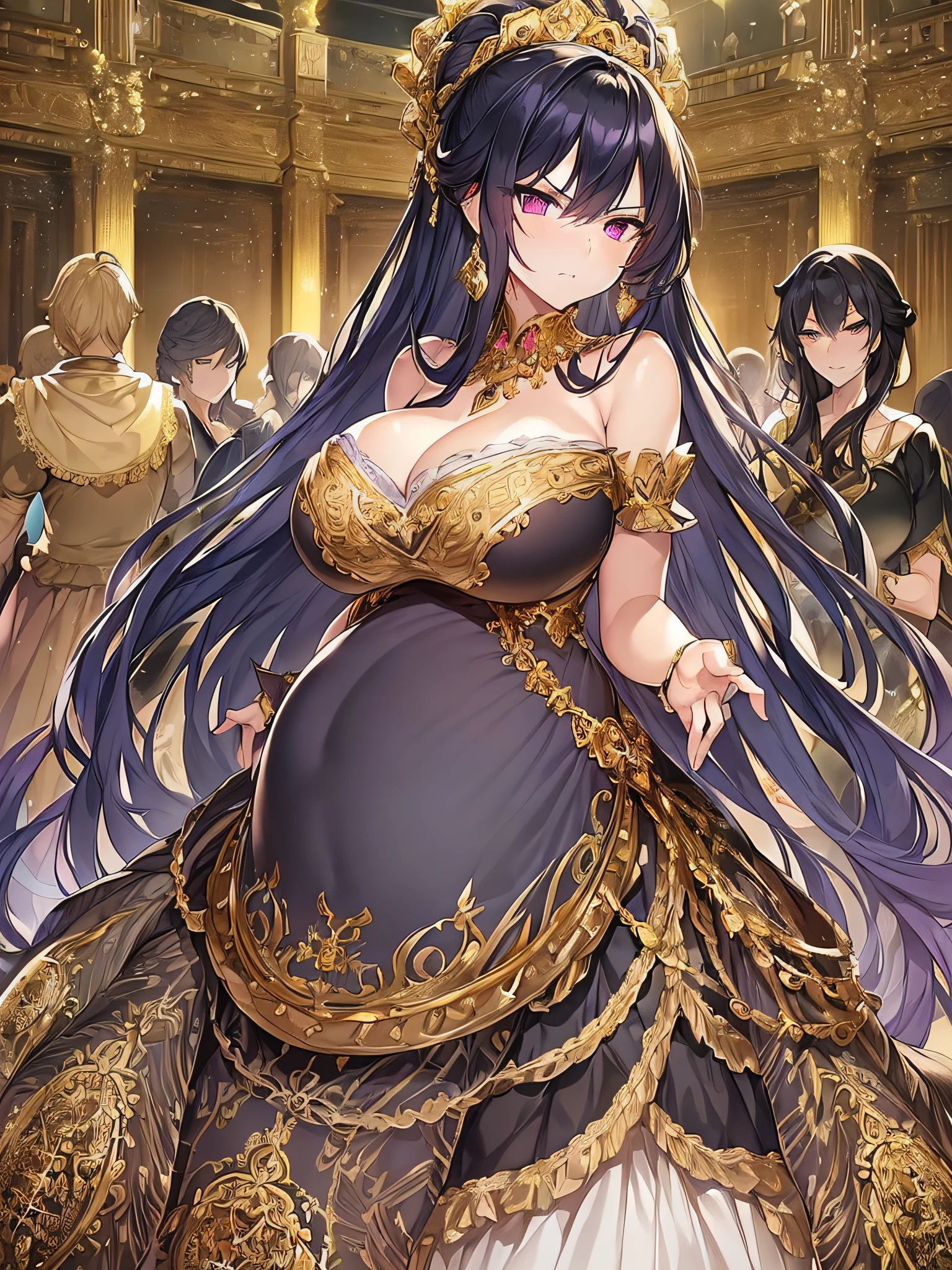 ((anime moe artstyle)),((Masterpiece)), (Best Quality), (Super Detail), Illustration, (((Very Delicate and Beautiful))),Dynamic Angle,Looking at viewer,((((Solo)))),(((Full body))),(((1 arrogant pregnant empress attending a ball wearing gorgeous black ballgown))),((((heavily pregnant)))),(standing),(((arrogant))),(((angry))),(blash),(Purple eyes),Sharp eyes,Detailed Face, Long Eyelashes,(Jet Black Hair),((Straight Hair,Very Long Hair)),((Bangs between eyes)),((((gigantic breasts,Huge breasts,Bulging breasts,Long breasts)))),cleavage,((skindentation)),curvy,See-through,(((luxurious lace and ruffled black and gold rococo ballgown adorned with abundant jewels and gorgeous embroidery))),(((voluminous black and gold rococo dress with a flared hemline))),(fluffy rococo ball gown with gorgeous embroidery and lace),((gold trim)),(((hoop skirt))),long skirt,corset,crinoline,opera gloves,Beautifully Gorgeous jeweled big tiara,Beautifully Gorgeous gem earrings,Beautifully Gorgeous jeweled necklace,Beautifully Gorgeous jeweled ornaments,indoor,light particles,((royal dance hall)),((crowd))