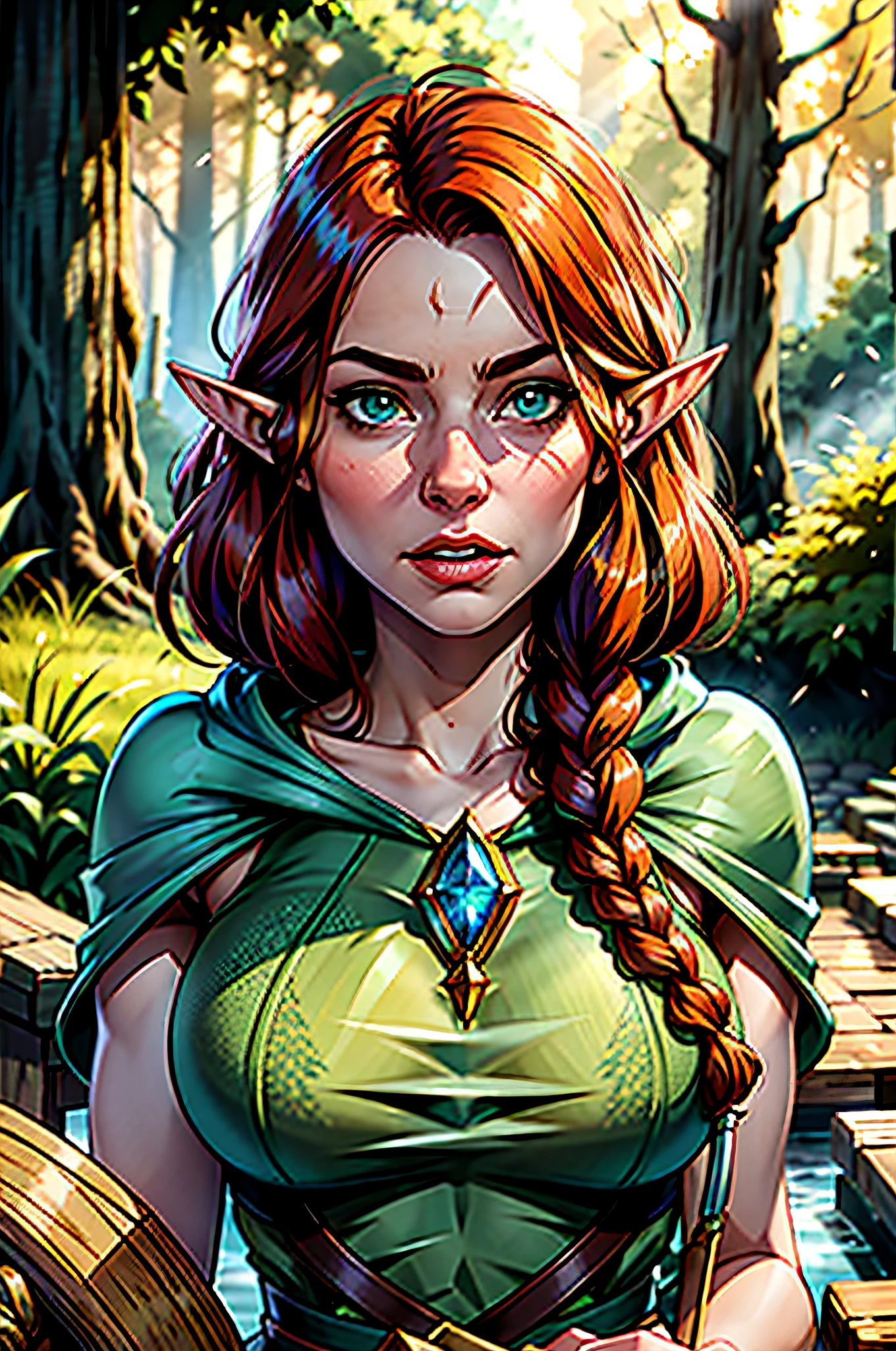 High detail RAW colored art, animation, red hair with braids, hazelnut eyes, white skin, ((Emma Stone as an elf in the redwood forest)), portrait, elf ears, ((cartoon style)), ((lord of the rings) ), (shy), mystical, elegant, gorgeous face, green silk dress with hood, elven forest, (detailed skin, skin texture), elf, magical atmosphere, (muscle), (detailed skin, skin texture), intricate details, fine details, hyperdetailed, ray tracing, subsurface scattering, diffuse soft lighting, shallow depth of field, by (Oliver Wetter) Atey Ghailan, by Jeremy Mann, Greg Manchess, Antonio Moro, trend at ArtStation, trend at CGSociety, Intricate, High Detail, Sharp focus, dramatic and photorealistic painting art by midjourney and greg rutkowski, bokeh in the background, bow and arrow, wolves, best quality, masterpiece, close-up portrait, 1girl, elven armor, dark hood over head, outdoors, nature, desert, look at the viewer, modelshoot style, award-winning digital art of an elven woman ranger, fully clothed, in a fantasy village, d&d, masterpiece, best quality, high contrast, soft lighting, backlighting, bloom, light glows, chromatic aberration, smooth, sharp focus, chubby, plump, curvilinea