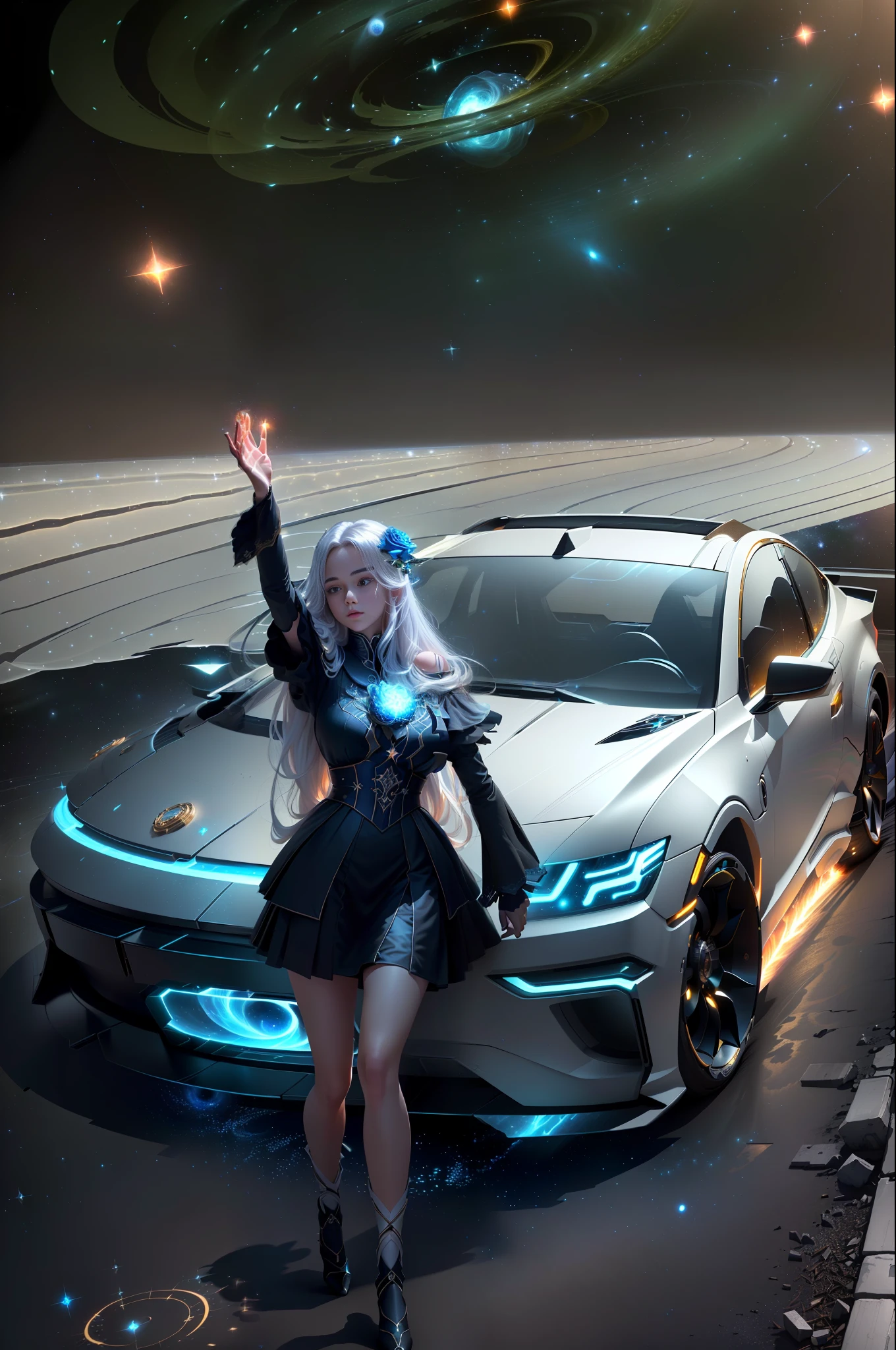 Masterpiece, best quality, (very detailed CG unity 8k wallpaper), (best quality), (best illustration), (best shadows), cosmic theme with natural elements. Circle, surrounded by planetary orbits and turbulence, with fireflies and glowing particle effects, (natural elements), (cosmic theme), (stars), (milky way), (stars), void, (delicate celestial bodies), (luminous), (particle effects). , isometric 3D, Octane rendering, ray tracing, super detailed (extremely detailed CG Unity 8k wallpaper, masterpiece, high quality, super detailed), 1girl (charming girl, lavish decoration, gorgeous, and charming red rose), (dynamic view, dazzling eyes, long silver hair: 1.3, fine collection,) surrounded by arcane runes, (magic and mysterious background, firefly lights, glowing particles, ethereal fog and darkness), high saturation