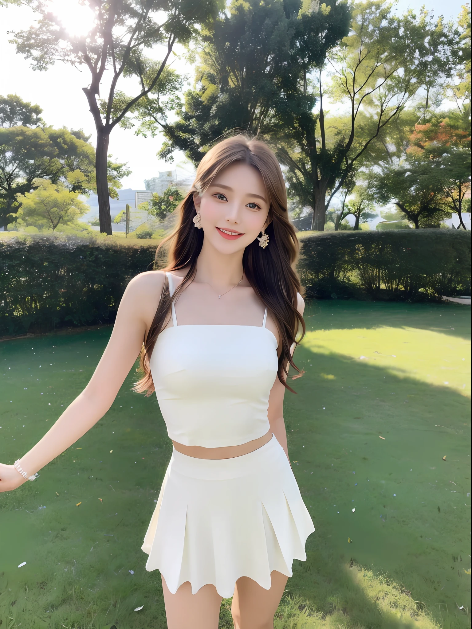 Outdoor, 1 girl, hairpins, earrings, jewelry, brown hair, looking at the audience, lips, delicate and light eyes, beautiful eyes, godly eyes, playful, thighs, full body, white top, short skirt, sweet smile on the face, arms naturally posed, seems to be dancing in harmony with the surroundings. Her breath is full of vitality and vitality, as if her whole body is venting the energy of youth. The whole picture is made more vivid by her presence, making people feel endless joy and vitality.
