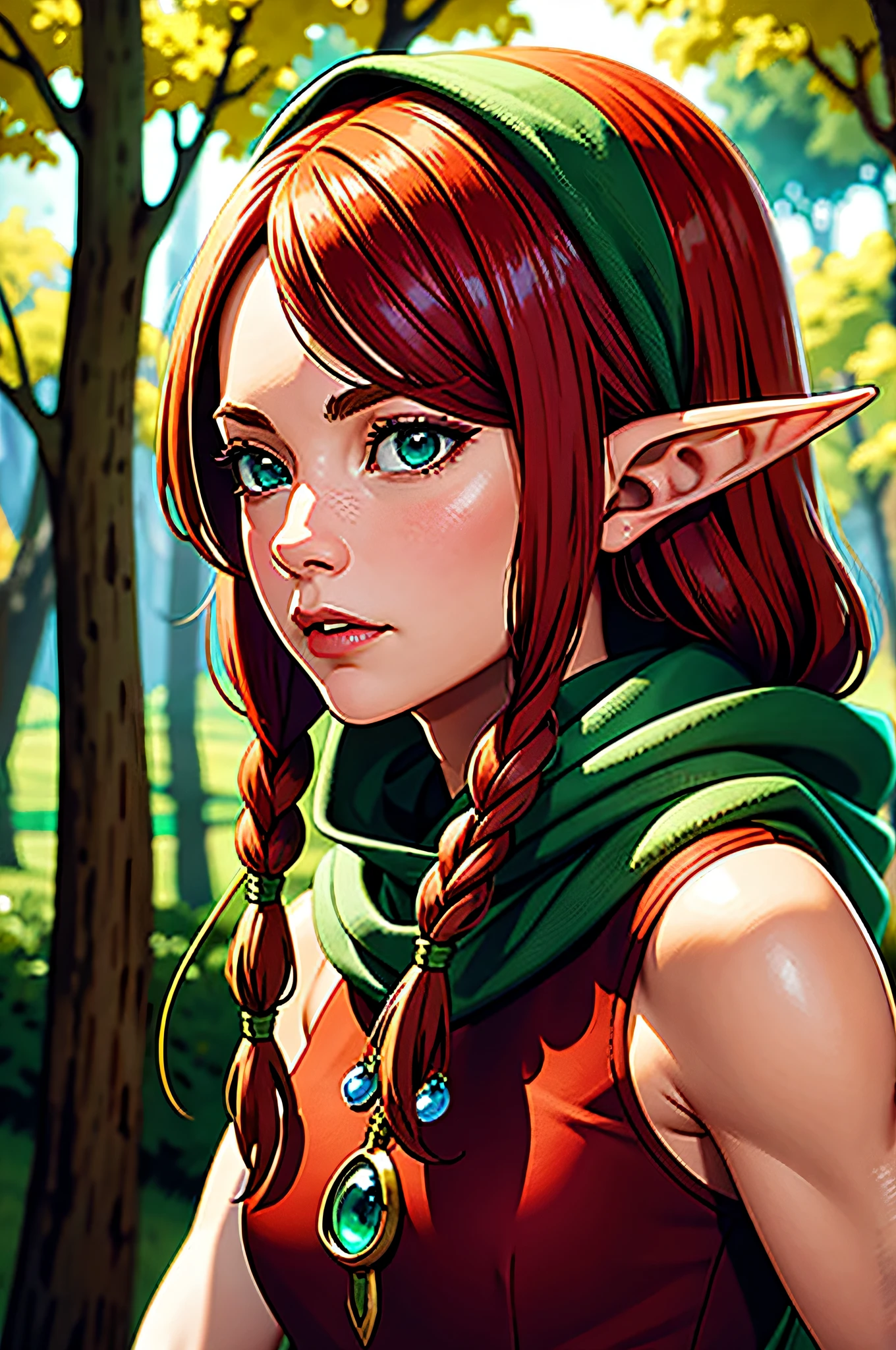 High detail RAW colored art, animation, red hair with braids, hazelnut eyes, white skin, ((Emma Stone as an elf in the redwood forest)), portrait, elf ears, ((cartoon style)), ((lord of the rings) ), (shy), mystical, elegant, gorgeous face, green silk dress with hood, elven forest, (detailed skin, skin texture), elf, magical atmosphere, (muscle), (detailed skin, skin texture), intricate details, fine details, hyperdetailed, ray tracing, subsurface scattering, diffuse soft lighting, shallow depth of field, by (Oliver Wetter) Atey Ghailan, by Jeremy Mann, Greg Manchess, Antonio Moro, trend at ArtStation, trend at CGSociety, Intricate, High Detail, Sharp focus, dramatic and photorealistic painting art by midjourney and greg rutkowski, bokeh in the background, bow and arrow, wolves, best quality, masterpiece, close-up portrait, 1girl, elven armor, dark hood over head, outdoors, nature, desert, look at the viewer, modelshoot style, award-winning digital art of an elven woman ranger, fully clothed, in a fantasy village, d&d, masterpiece, best quality, high contrast, soft lighting, backlighting, bloom, light glows, chromatic aberration, smooth, sharp focus, chubby, plump, curvilinea