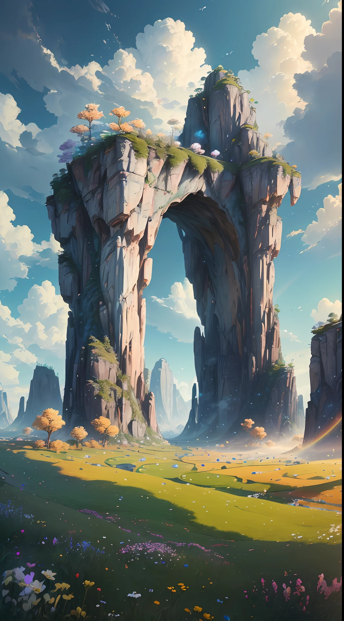 (extremely detailed CG unity 8k wallpaper, masterpiece, best quality, ultra-detailed), luminosity +1.5, floating, high saturation, a serene, idyllic grassland, featuring multicolored petals and foliage, a clear, blue sky, and white, fluffy clouds.
