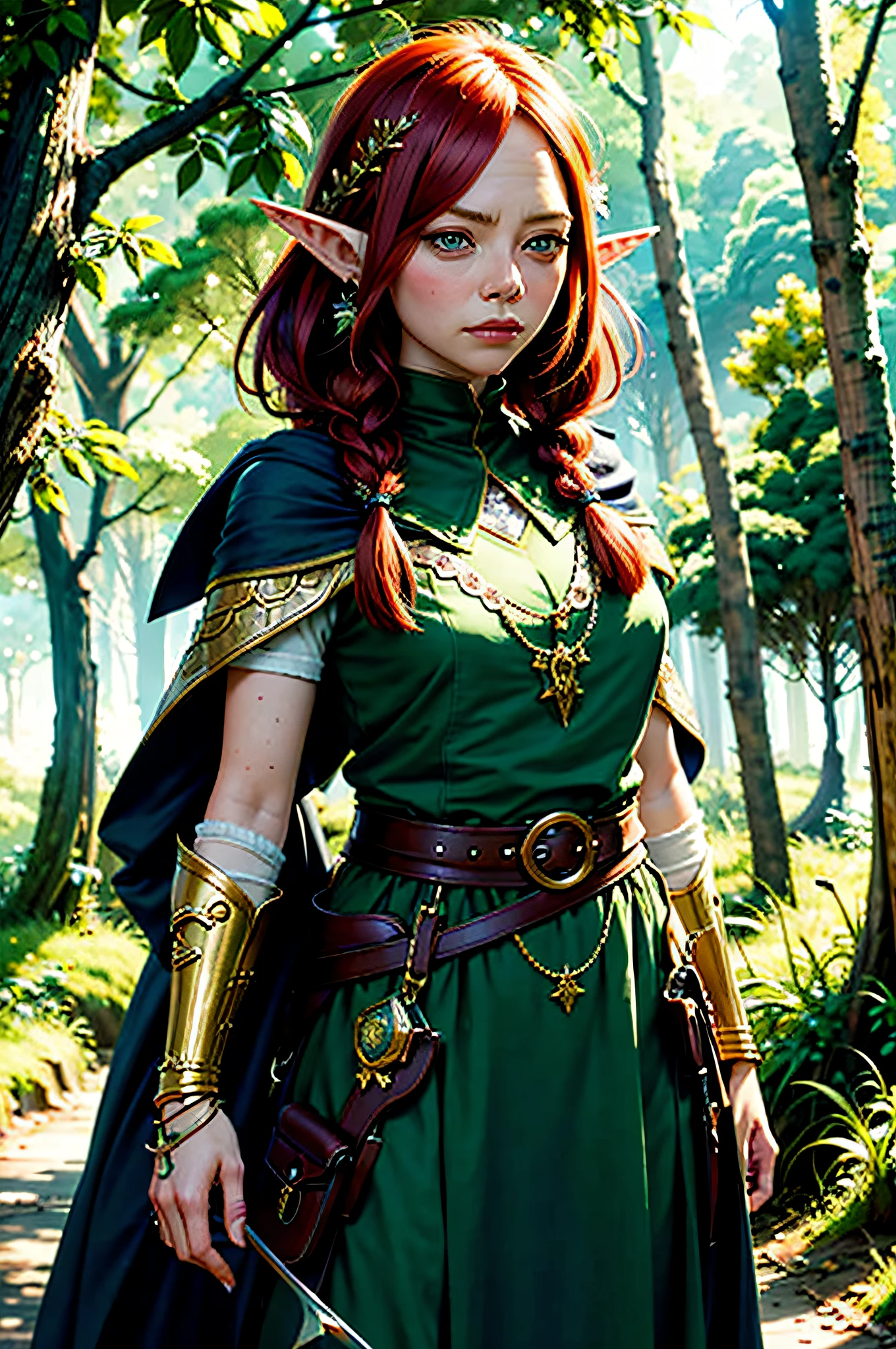 High detail RAW colored art, animation, red hair with braids, hazelnut eyes, white skin, ((Emma Stone as an elf in the redwood forest)), portrait, elf ears, ((cartoon style)), ((lord of the rings) ), (shy), mystical, elegant, gorgeous face, green silk dress with hood, elven forest, (detailed skin, skin texture), elf, magical atmosphere, (muscle), (detailed skin, skin texture), intricate details, fine details, hyperdetailed, ray tracing, subsurface scattering, diffuse soft lighting, shallow depth of field, by (Oliver Wetter) Atey Ghailan, by Jeremy Mann, Greg Manchess, Antonio Moro, trend at ArtStation, trend at CGSociety, Intricate, High Detail, Sharp focus, dramatic and photorealistic painting art by midjourney and greg rutkowski, bokeh in the background, bow and arrow, wolves, best quality, masterpiece, close-up portrait, 1girl, elven armor, dark hood over head, outdoors, nature, desert, look at the viewer, modelshoot style, award-winning digital art of an elven woman ranger, fully clothed, in a fantasy village, d&d, masterpiece, best quality, high contrast, soft lighting, backlighting, bloom, light glows, chromatic aberration, smooth, sharp focus, chubby, plump, curvilinea