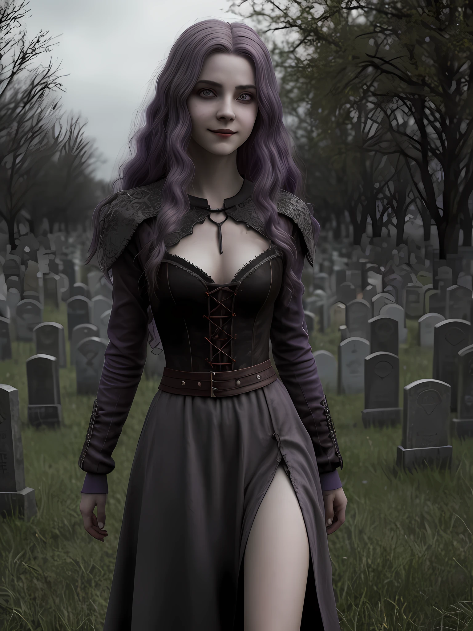 Pixarstyle A waist-high portrait of a psychopathic girl, 15 years old, reddish gray hair, fake smile, realistic lilac eyes, dark circles, full body, in a necromancer witch outfit, graveyard, natural skin texture, 16k textures, HDR, intricate, highly detailed, sharp focus, cinematic visual, hyper-detailed