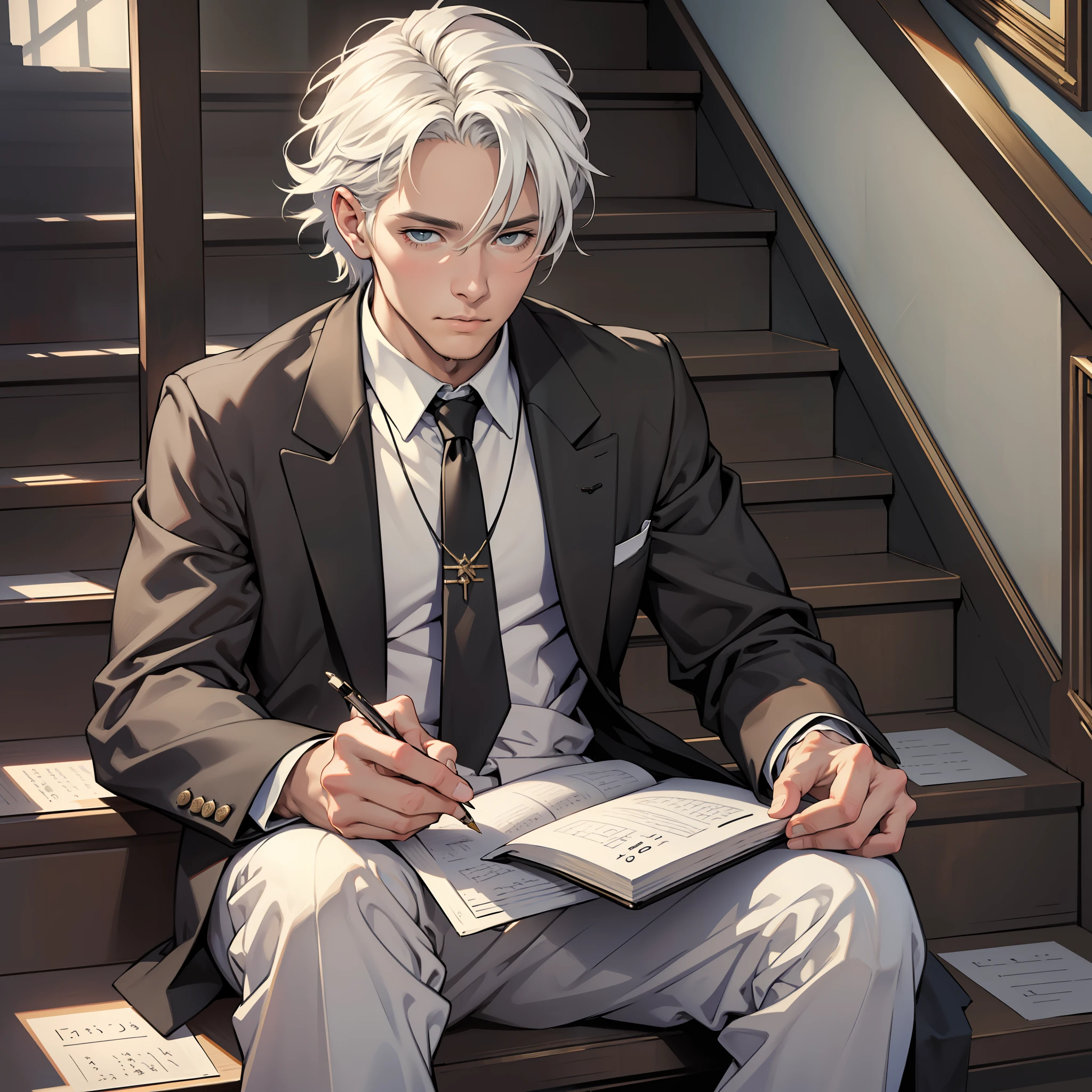 (realistic: 1.5)),((best quality)), ((masterpiece)),((detailed)), man, young, white-haired, sitting on a staircase, black coat, writing in diary