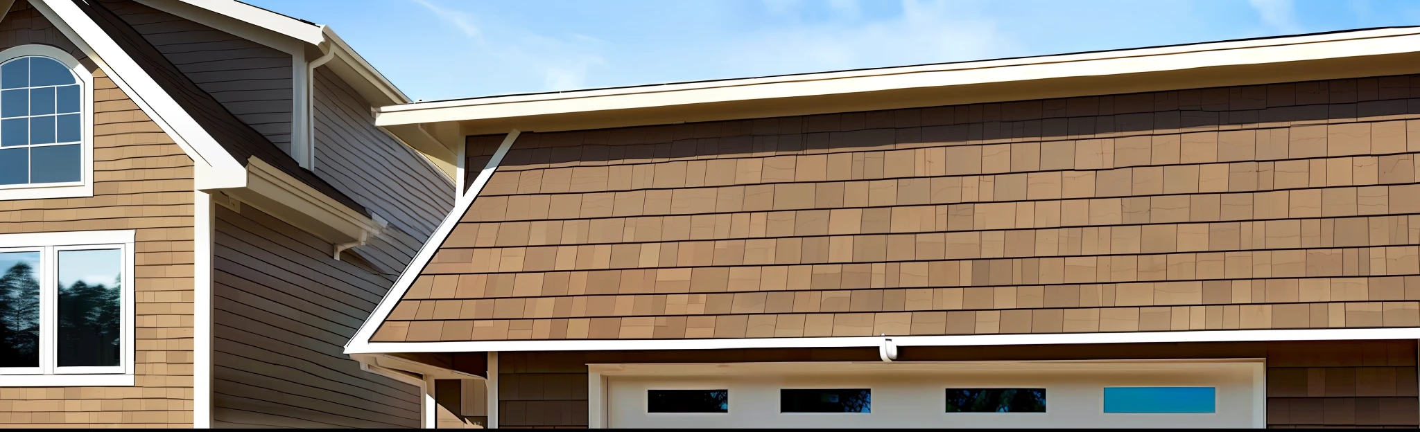 there is a garage with two brown doors and a sign on the side, white plank siding, facing front, stunning image, close up image, wood accents, front facing, beautiful image, up close image, photorealistic - h 6 4 0, wide angle exterior 2022, 3/4 view, 3 / 4 view, subtle details --auto --s2