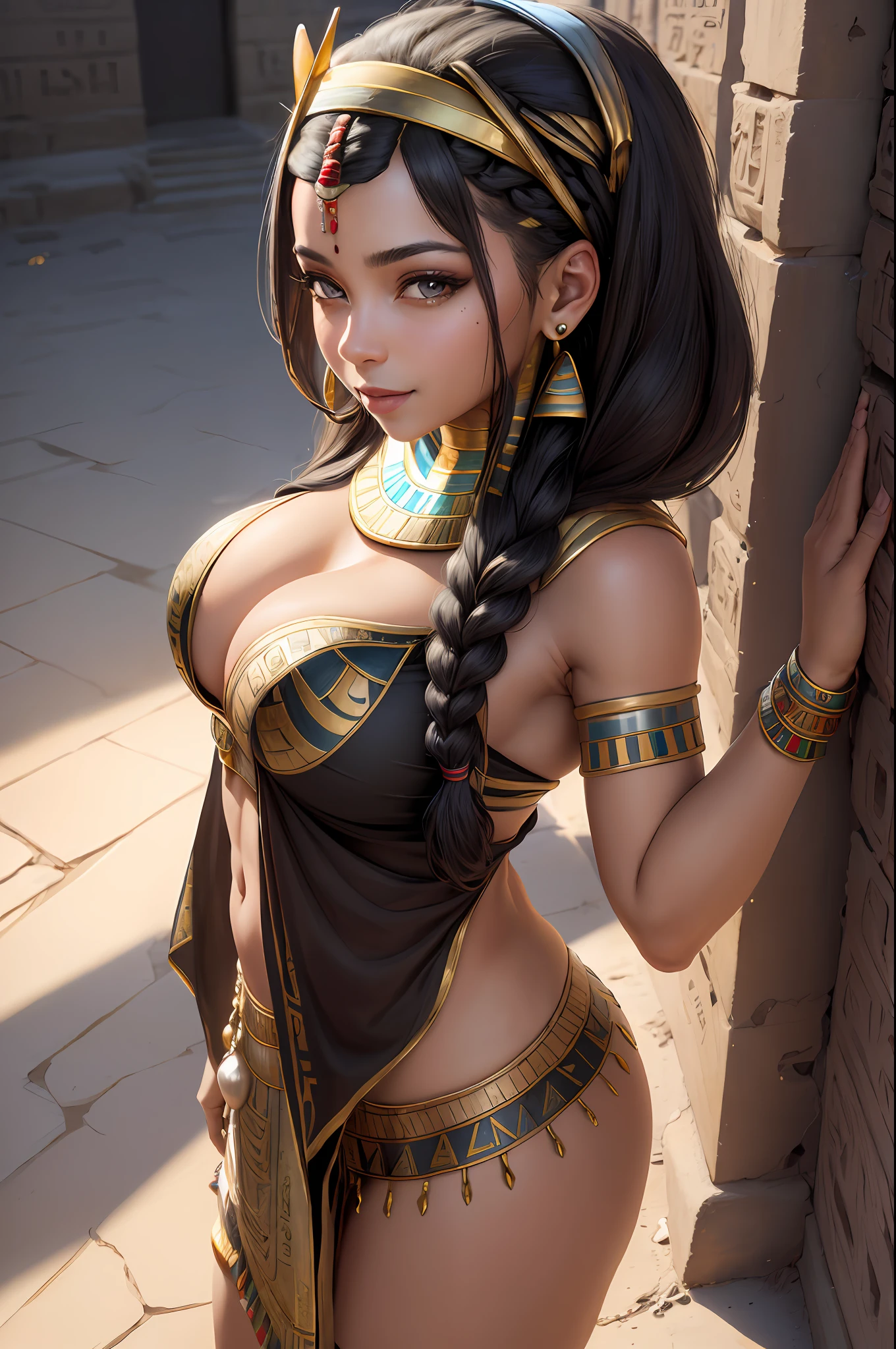 (((Egyptian))), white headscarf, wax,1girl, solo, breasts, looking at the viewer, smile, large breasts, black background, jewelry, braid, black hair, straight hair, earrings, twin braids, striated hair, clothing cutout, makeup, lipstick, mole under the mouth, shadow (realistic: 1.2), (realism), (masterpiece: 1.2), (best quality), (ultra detailed), (8k, 4k, intricate), (full-body-shot: 1), (85mm), light particles,  lighting, (highly detailed: 1.2), (detailed face: 1.2), (gradients), sfw, colorful,(detailed eyes:1.2)(detailed background),detailed landscape, (dynamic angle:1.2), (dynamic pose:1.2), (rule of third_composition:1.3), (line of action:1.2)