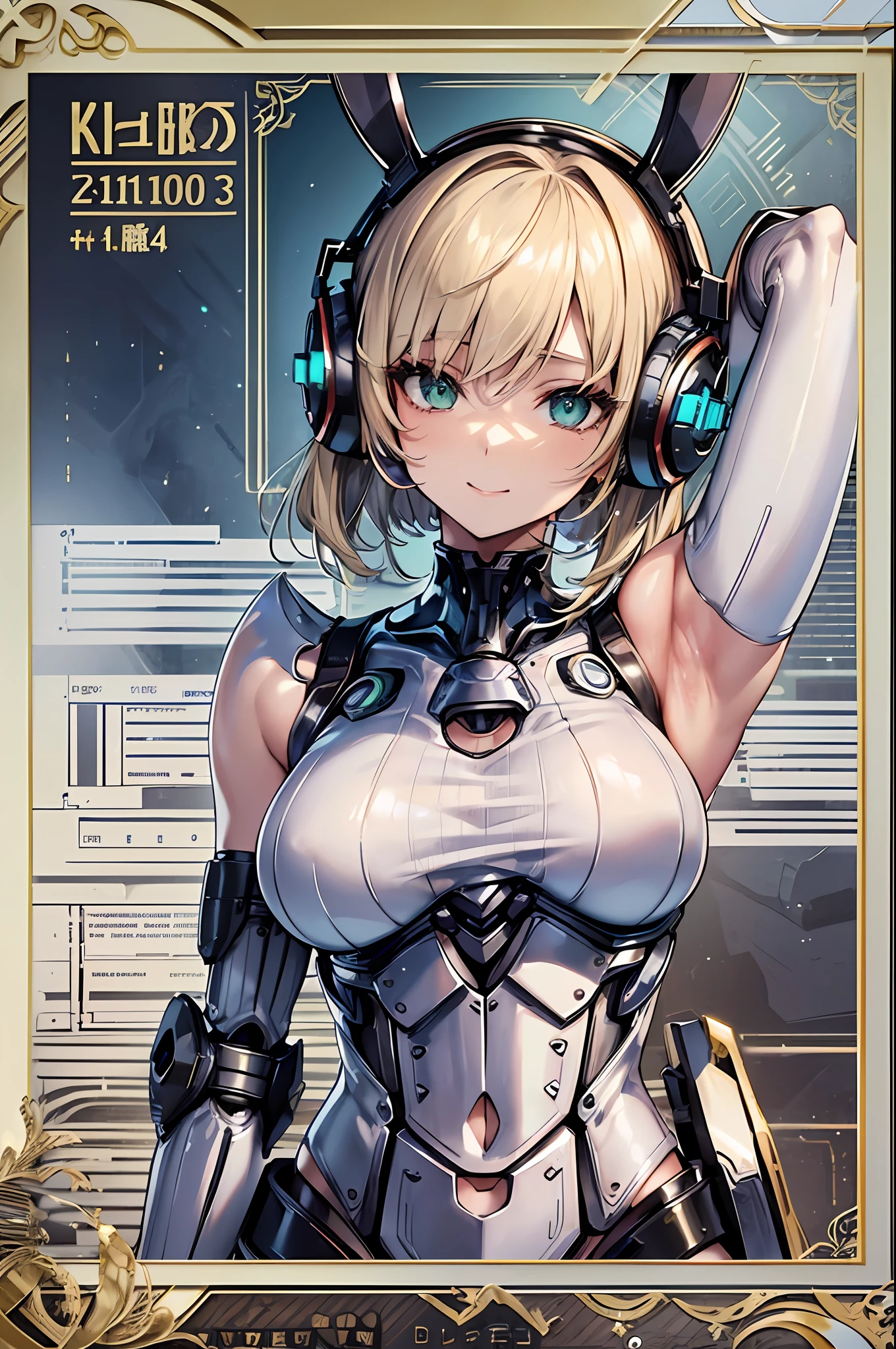 Top quality, masterpiece, fine detail, super detail, accurate depiction, highly detailed 8k wallpaper, beautiful mechanical girl, solo, green eyes, happy smile, (sexy machine girl: 1.3), five perfect fingers, (white exoskeleton suit: 1.1), (mechanical joints, mechanical arms, mechanical legs: 1.4), (exposed shoulders, exposed armpits, exposed thighs), charm, (thin waist, huge chest, wide waist), rabbit ears, rabbit tail, headphones, short blond hair, (character sheet: 1.4), (concept art: 1.3),