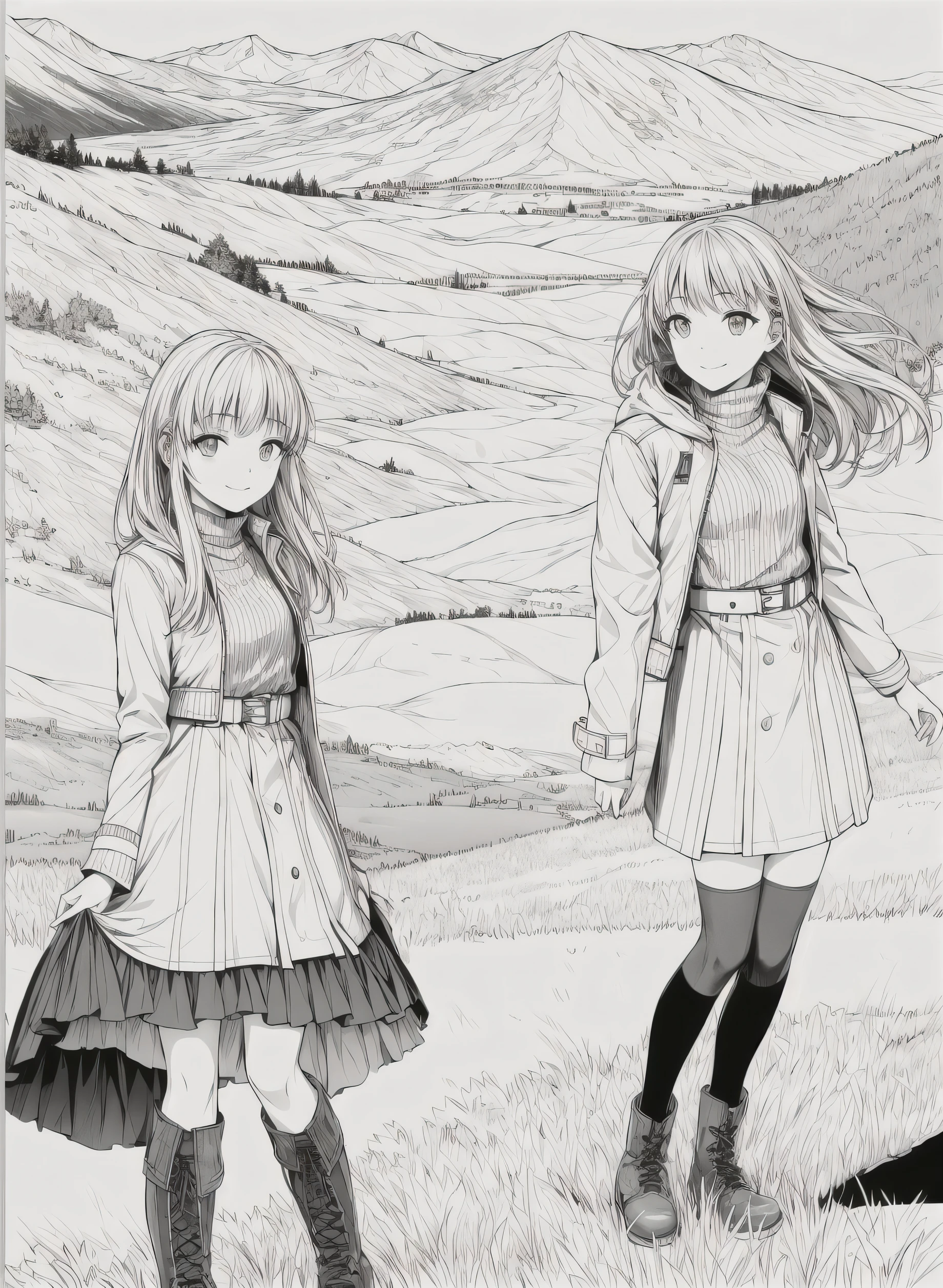 masterpiece, best quality, 1girl, solo, light smile, mountain, lake, meadow, panorama, jacket, kneehighs, boots, lineart, monochrome,