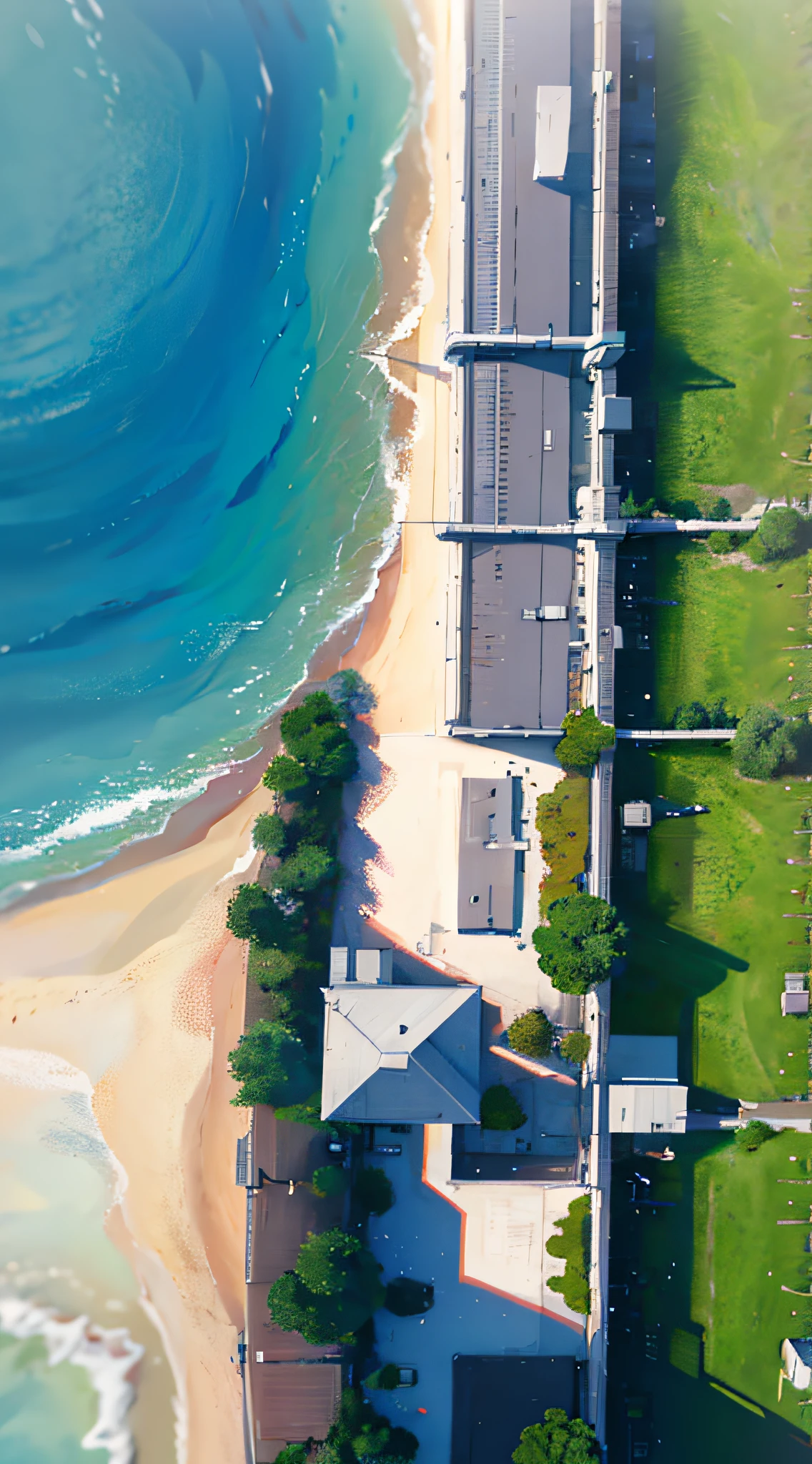 no humans, scenery, vanishing point, from ABOVE, masterpiece, best quality, 16k, absurdres, water surface, summer, noon, sunlight, blue sky, perspective, depth of field, highres, finely detail, ultra-detailed, sharp focus