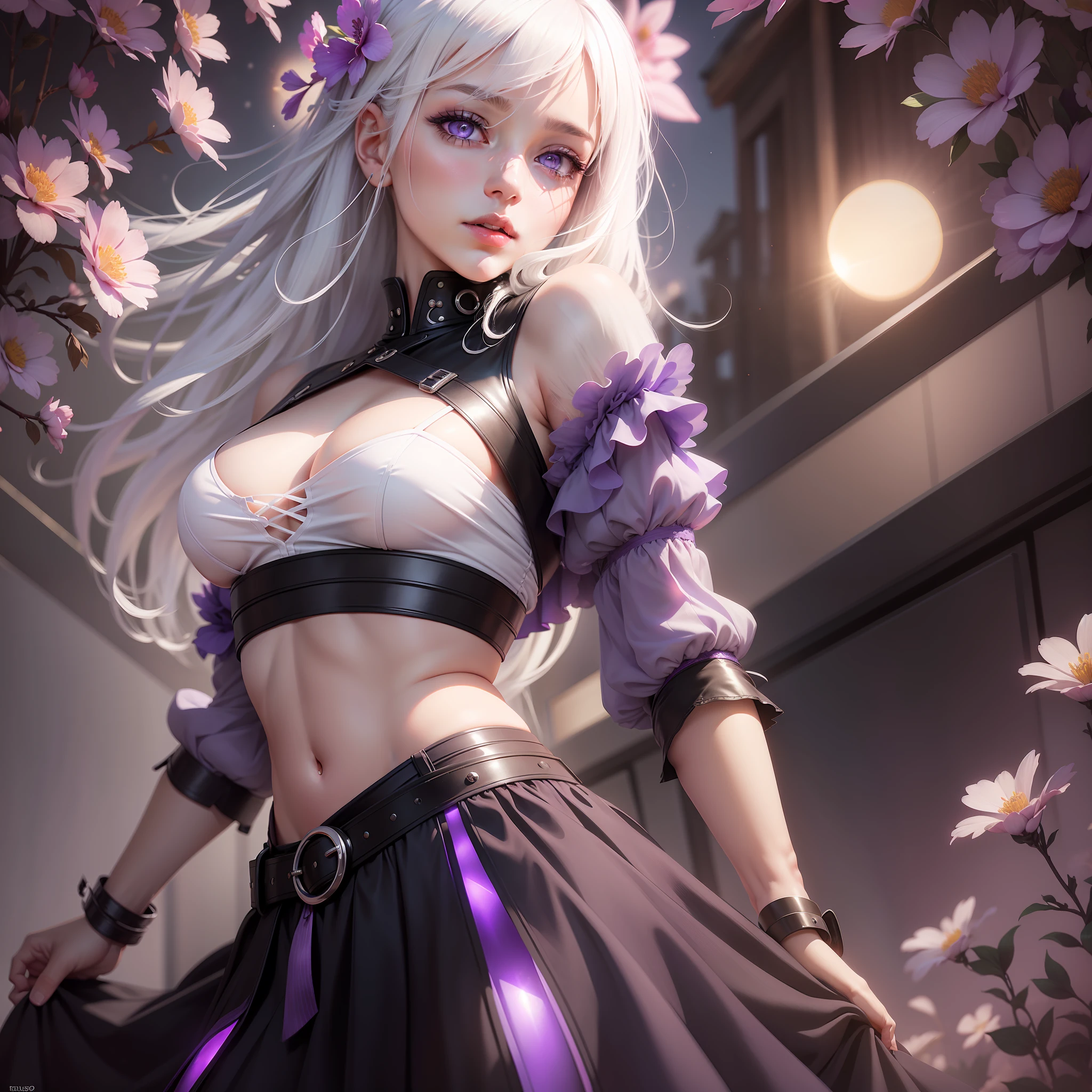 Realistic, 1girl, white hair, purple eyes, glowing eyes, cropped top, skirt, parted lips, blush, night, flowers, sun, sun, sexy, feminine, seductive, provocative, multi-angle shooting, appropriate pose