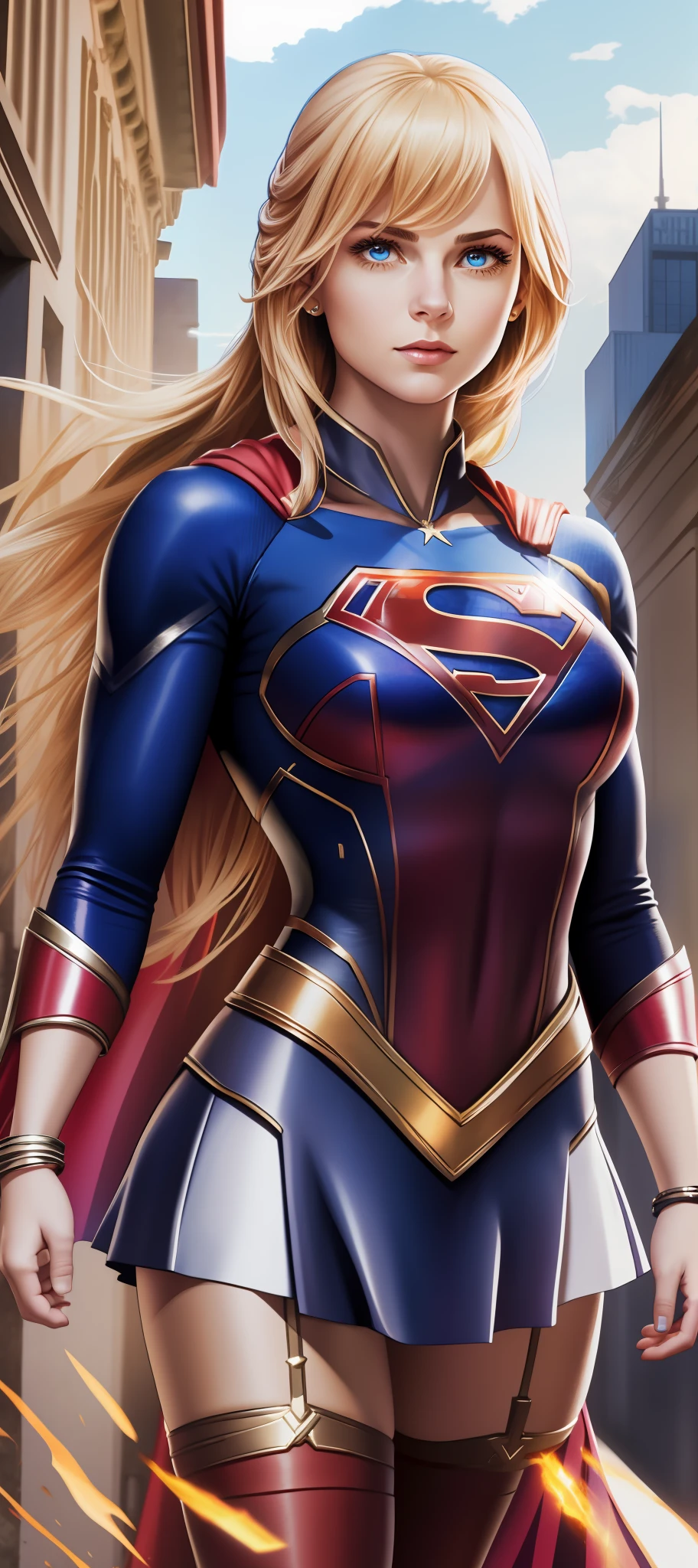 "Supergirl's masterpiece of art complete, high quality, ultra detailed in 4k, 8k, high resolution, hyper-realistic photo, hyper-detailed, realistic skin texture, amazing shadows, extremely detailed texture, perfect lighting, high-level image quality." A female superheroine, inspired by x-man, Fair skin, blond hair, outlined blue eyes, outlined face, bracelet, Full body, Nice super hero clothes, in the florest, outside a mansion, symbol S of superman. --auto --s2