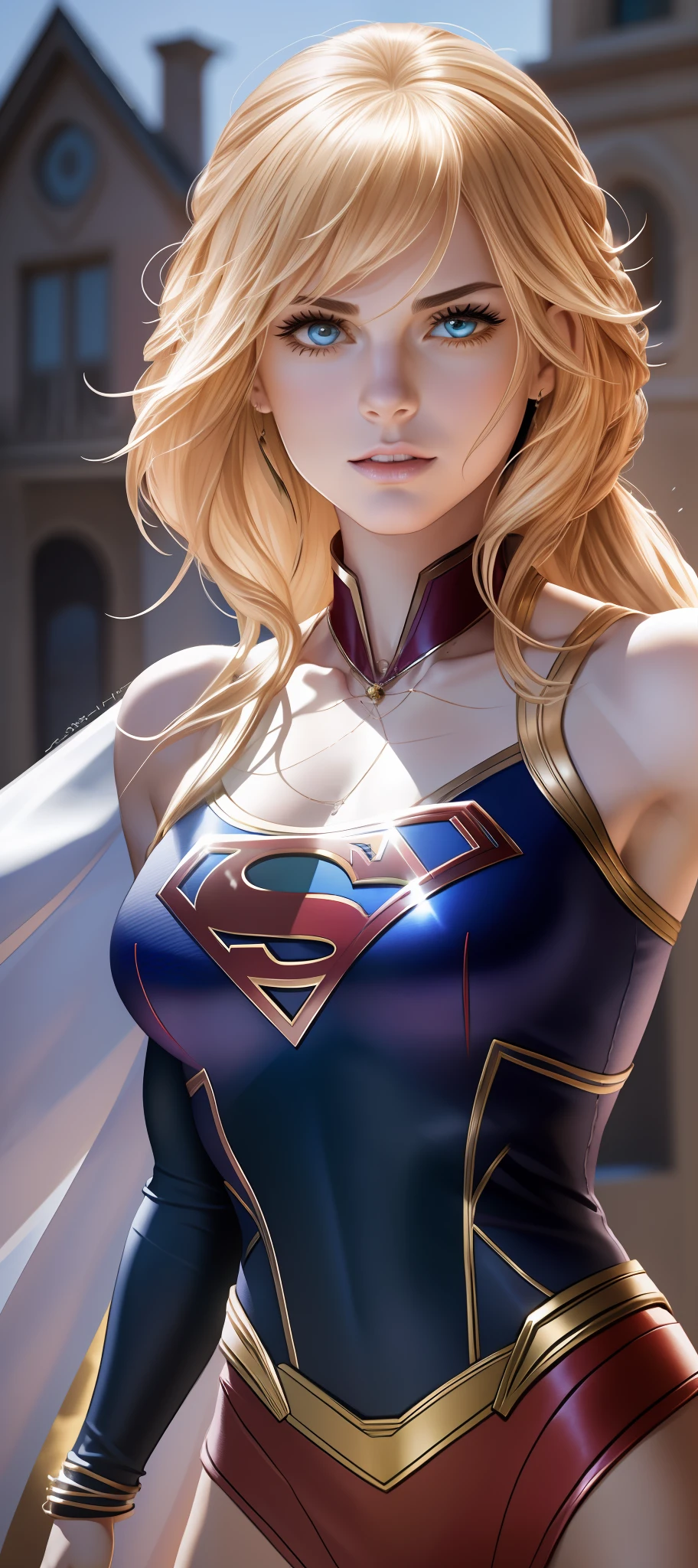 "Supergirl's masterpiece of art complete, high quality, ultra detailed in 4k, 8k, high resolution, hyper-realistic photo, hyper-detailed, realistic skin texture, amazing shadows, extremely detailed texture, perfect lighting, high-level image quality." A female superheroine, inspired by x-man, Fair skin, blond hair, outlined blue eyes, outlined face, bracelet, Full body, Nice super hero clothes, in the florest, outside a mansion, symbol S of superman. --auto --s2