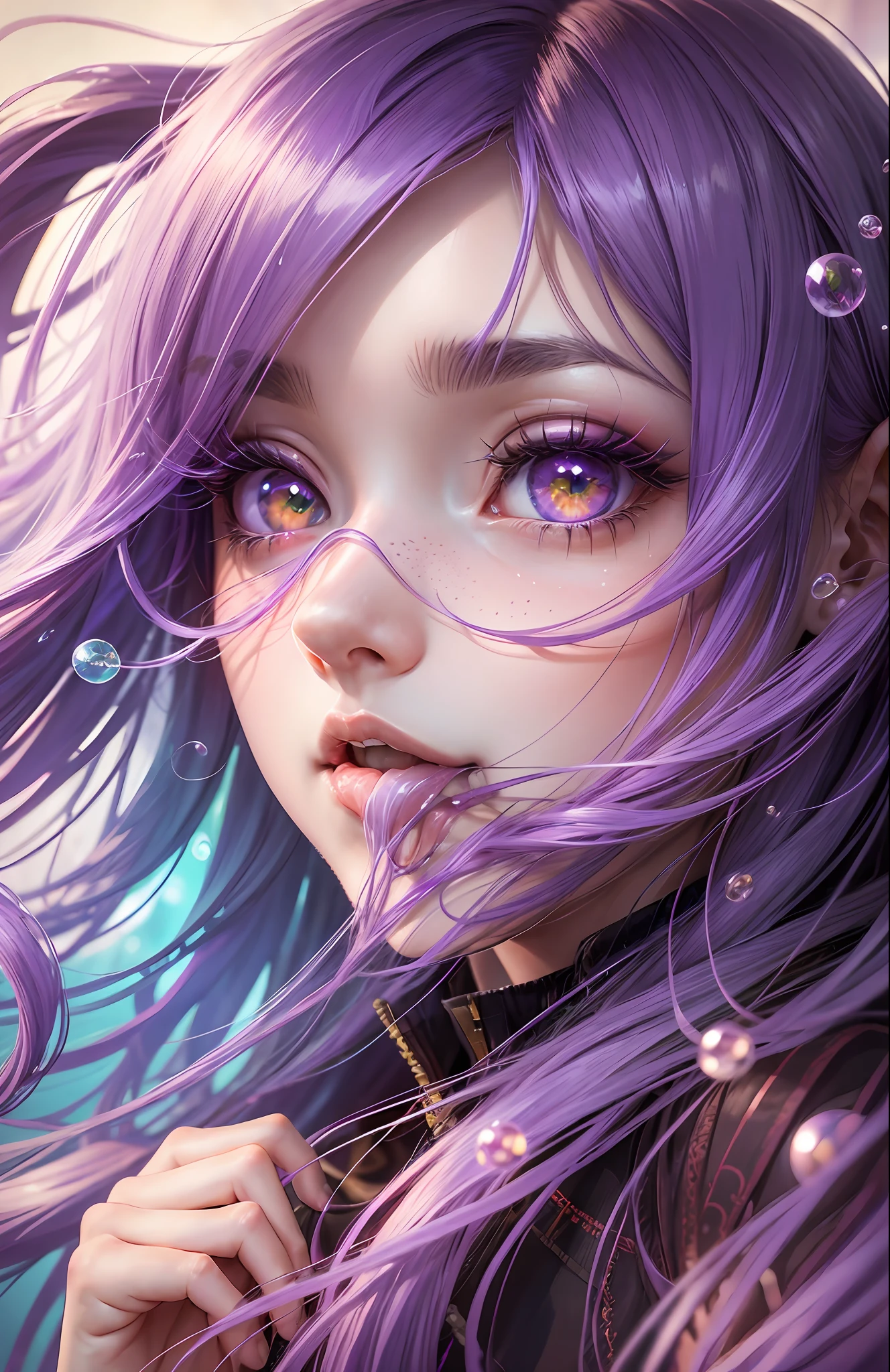 Long purple hair with some red, clear and crystal clear eyes, hair strands, hair blown by the wind, moles in the left and right corners of the eyes, green pupils, chewing bubbles with bubble gum, jellyfish-like eyes, contact lenses with stars, high detail, anime, modern, anime style, cinematic lighting, ray tracing, close-up, high detail, best quality, 8K --auto --s2