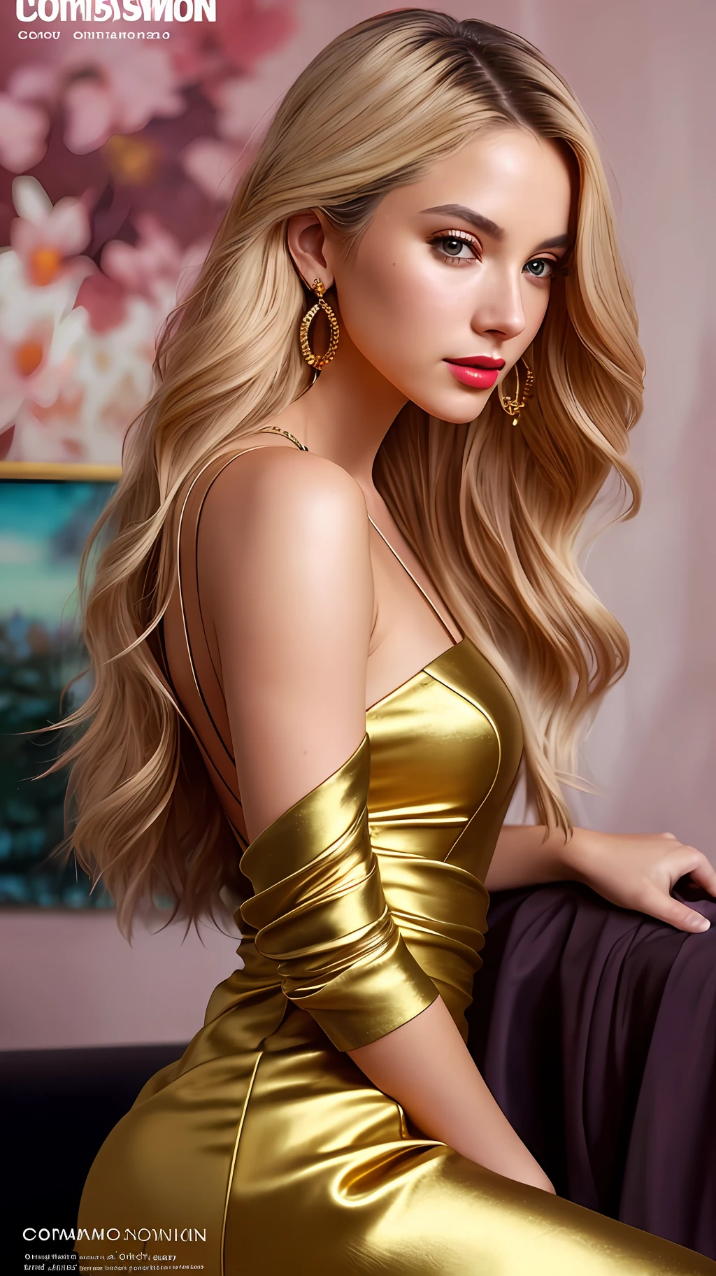 photo of a stunning beautiful woman in the cover of a fashion magazine, long messy windy blonde hair, green eyes, (Cosmopolitan magazine cover:1.3), (cosmopolitan15:1.2), modelshoot style, (extremely detailed CG unity 8k wallpaper), photo of the most beautiful artwork in the world, professional majestic oil painting by Ed Blinkey, Atey Ghailan, Studio Ghibli, by Jeremy Mann, Greg Manchess, Antonio Moro, trending on ArtStation, trending on CGSociety, Intricate, High Detail, Sharp focus, dramatic, photorealistic painting art by midjourney and greg rutkowski, (sexy shiny golden dress:1.1), (looking at viewer), (detailed pupils:1.3), (modern outfit:1.2), (closeup), red lips, (earrings), (fashion magazine logo), (magazine text), (magazine title:1.1)