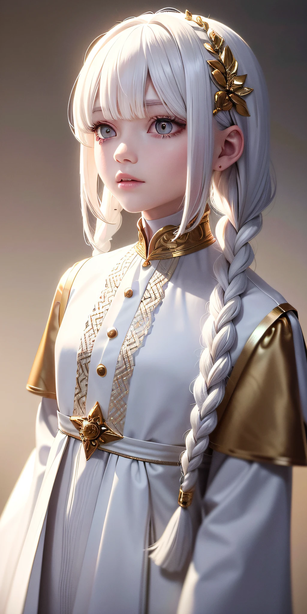 best quality, masterpiece,white hair, gold eyes,white clothes, looking up, upper body,hair strand,Fair skin,side braids