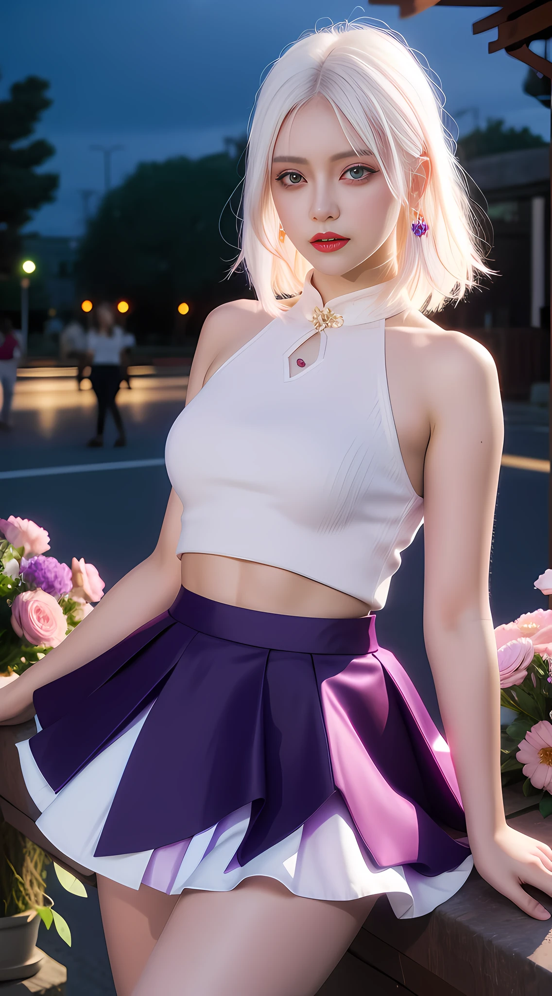 Realistic, 1girl, white hair, purple eyes, glowing eyes, cropped top, skirt, parted lips, blush, night, flowers, sun, sun, sexy, feminine, seductive, provocative, multi-angle shooting, appropriate pose