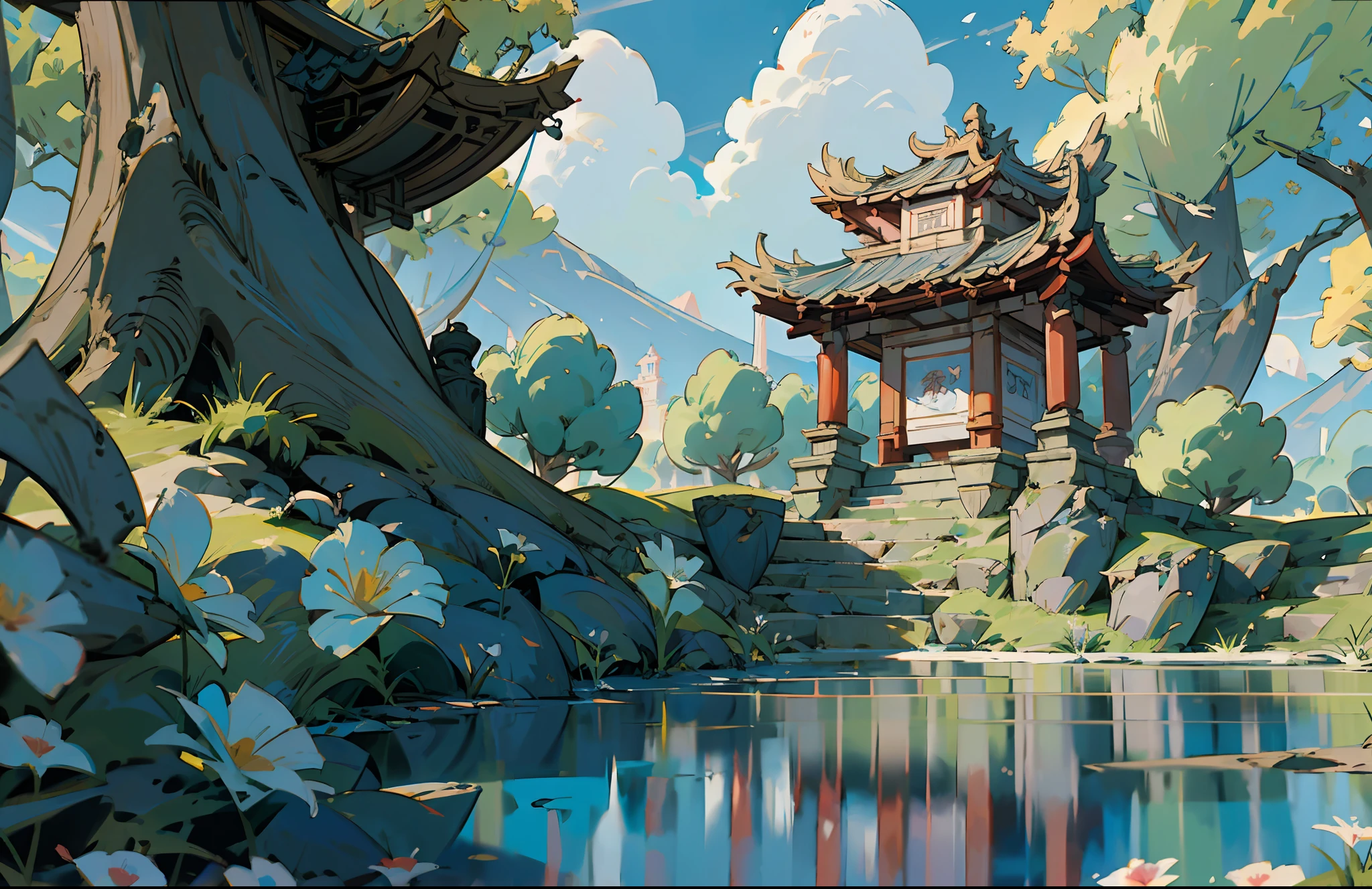 Incredible detail and realistic CG unity 8K wallpaper, the beauty of classical Chinese gardens, an oriental landscape painting, ancient China, stunning landscapes including tranquil lakes and rivers surrounded by lush vegetation and majestic trees, natural light, blue sky, fluffy clouds, waterfalls, bokeh, extremely pure white background, dreamy, romantic, depth of field, HDR, bloom, chromatic aberration and intricate details,