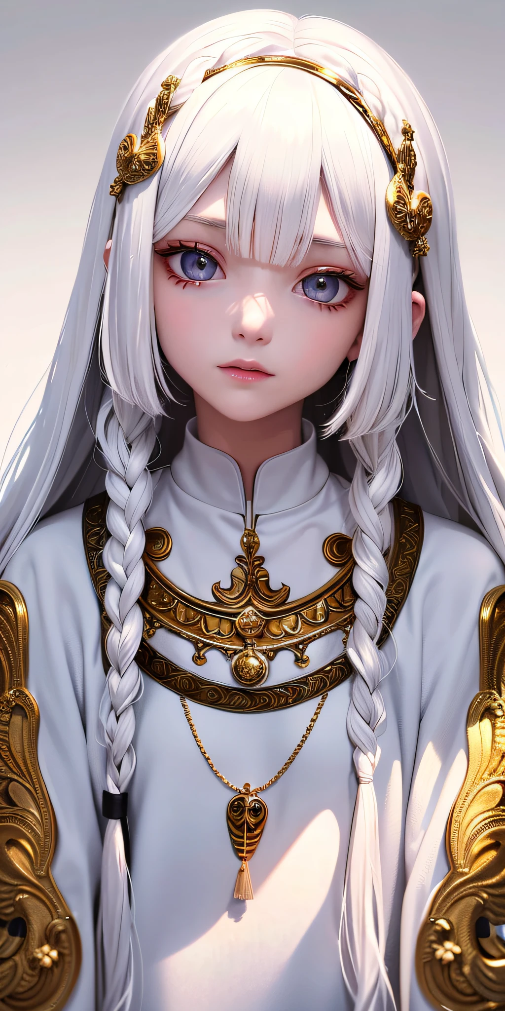 best quality, masterpiece,white hair, gold eyes,white clothes, looking up, upper body,hair strand,Fair skin,side braids